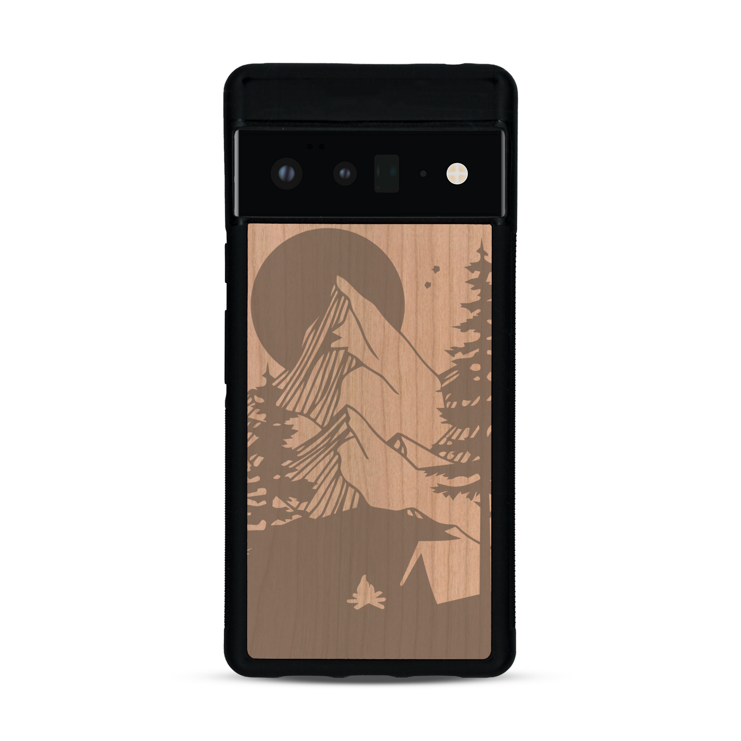 Coque de protection en bois véritable fabriquée en France pour  sur le thème du camping en pleine nature représentant une tente avec un feu de camp entouré de montagnes