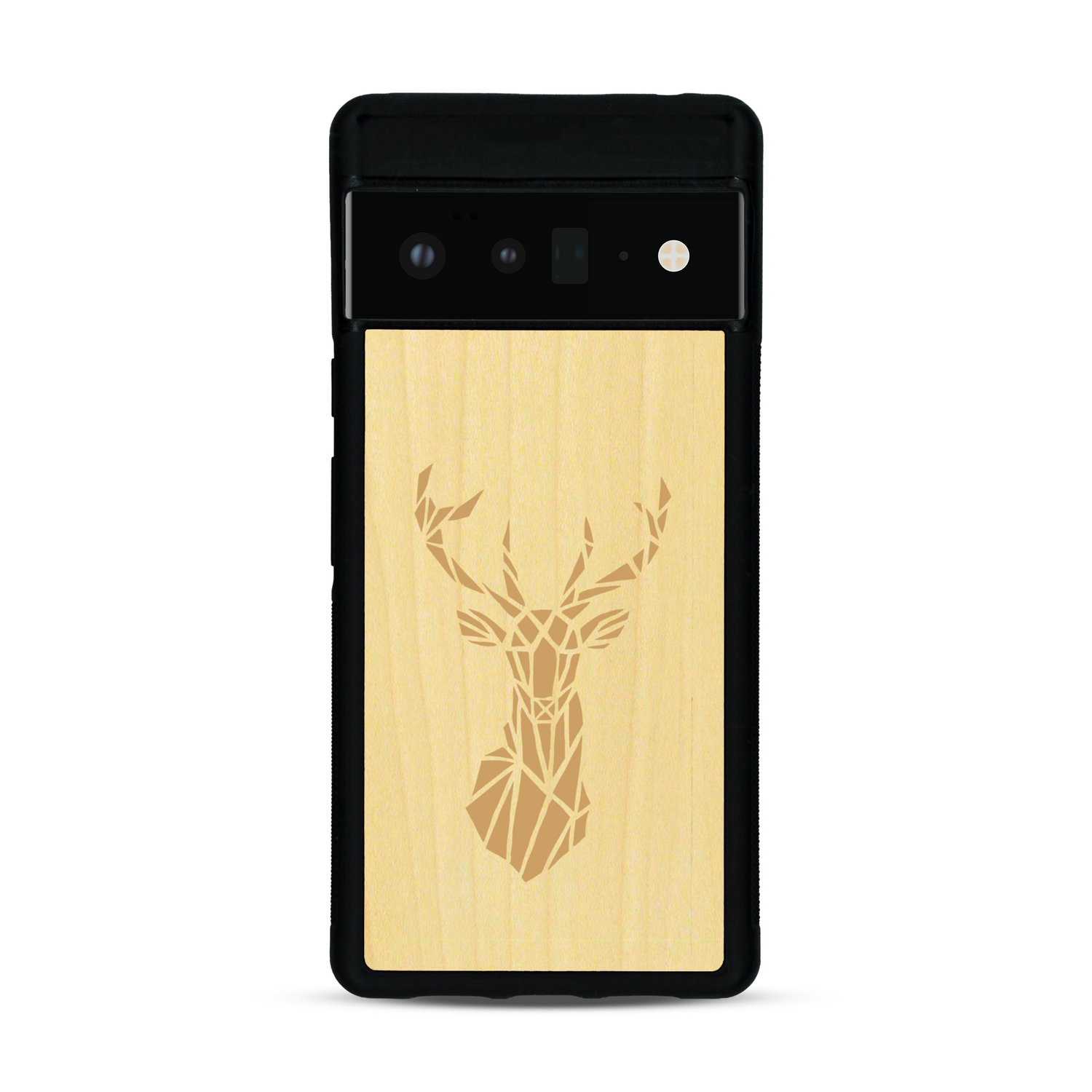Coque de protection en bois véritable fabriquée en France pour  sur le thème de la nature et des animaux représentant une tête de cerf gométrique avec un design moderne et minimaliste