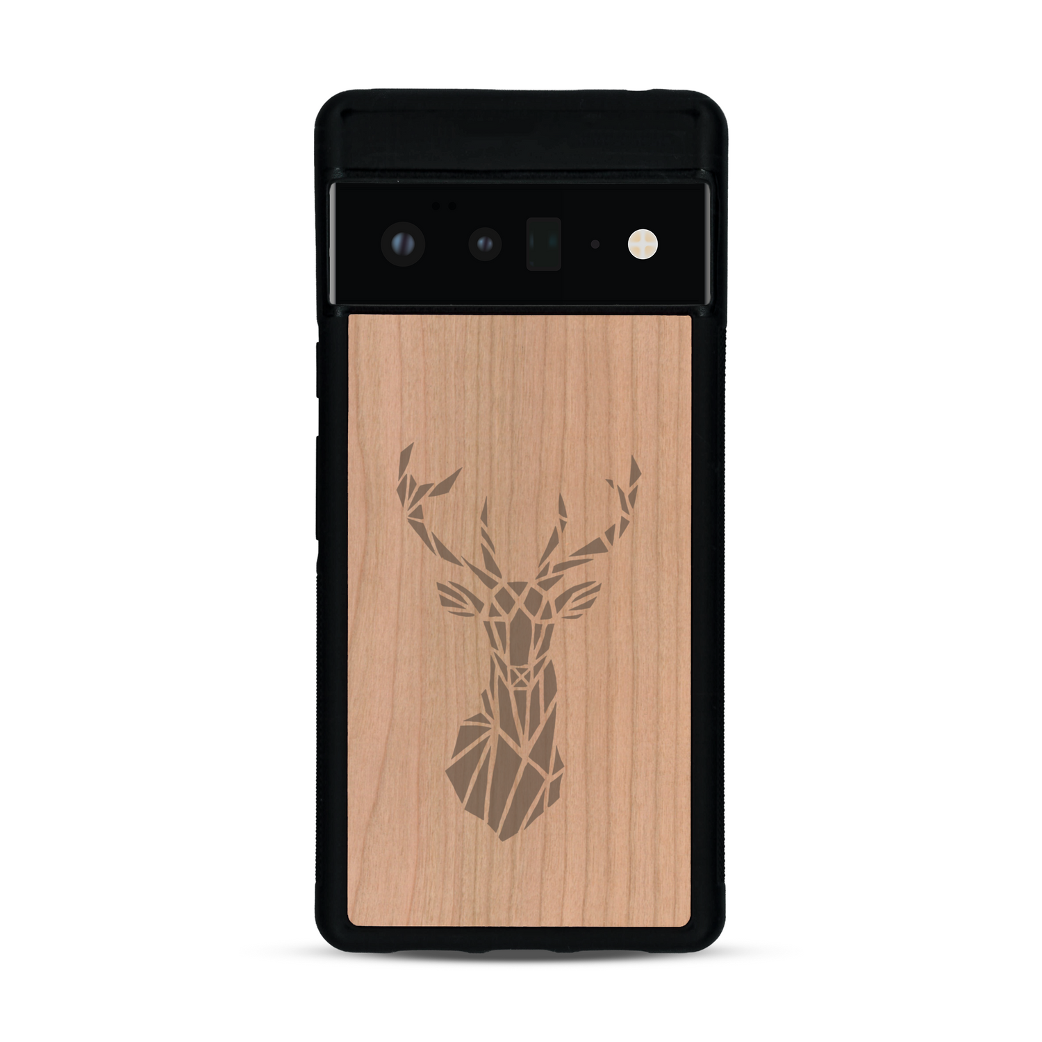 Coque de protection en bois véritable fabriquée en France pour  sur le thème de la nature et des animaux représentant une tête de cerf gométrique avec un design moderne et minimaliste