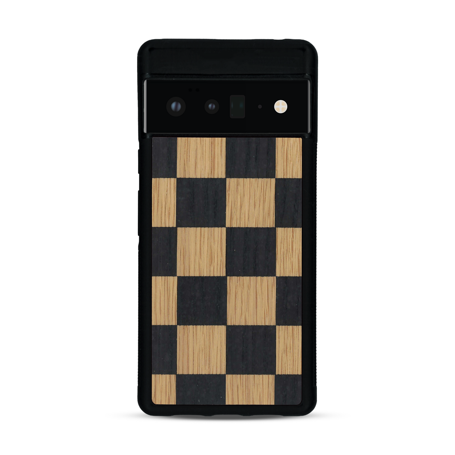 Coque de protection en bois véritable fabriquée en France pour  alliant plusieurs essences de bois pour représenter un damier