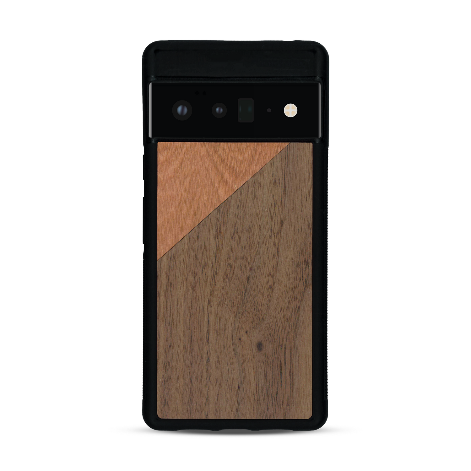 Coque de protection en bois véritable fabriquée en France pour  alliant du merisier et du noyer formant chacun un triangle avec une jointure en diagonale sur le thème de l'art abstrait
