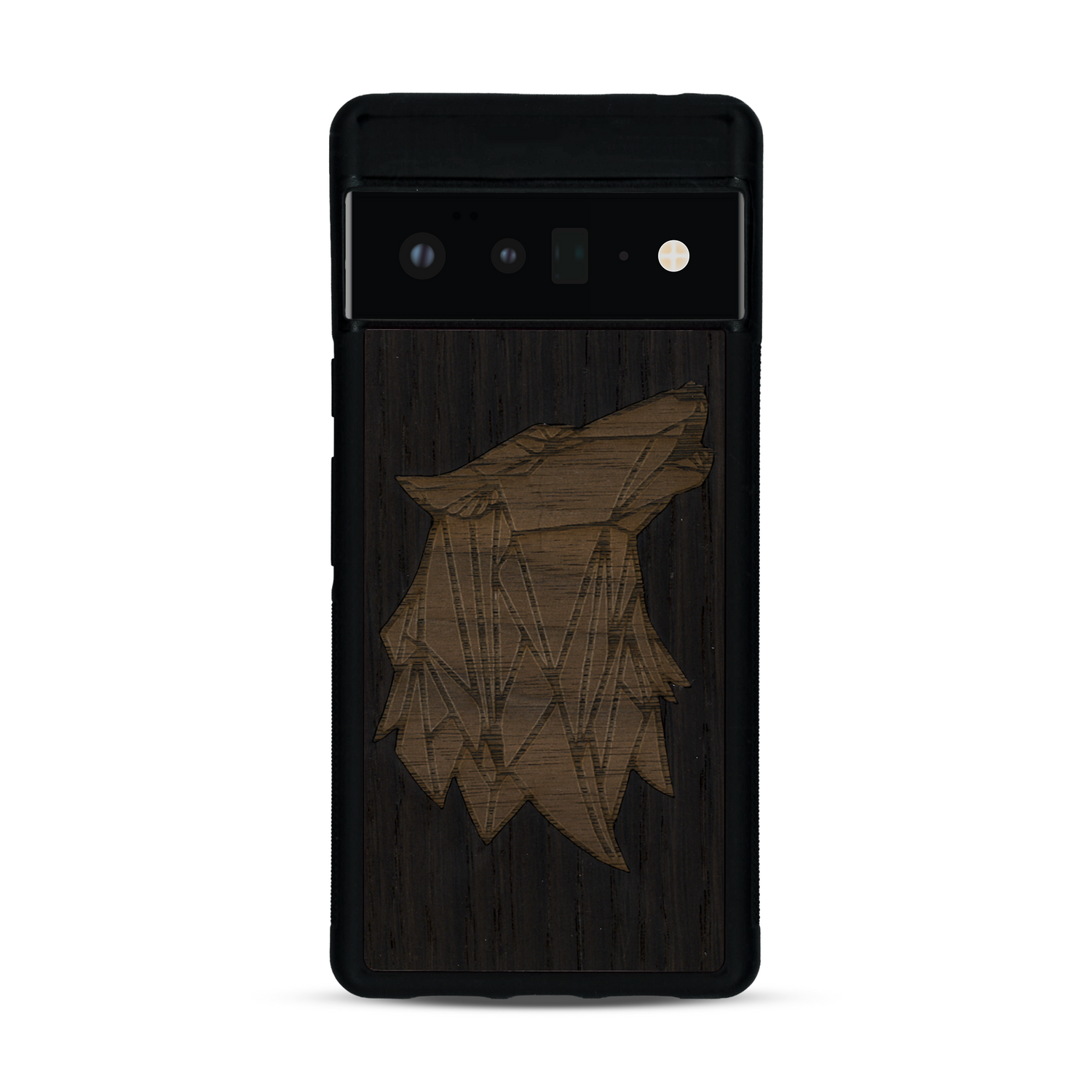 Coque de protection en bois véritable fabriquée en France pour  alliant du chêne fumé et du noyer représentant une tête de loup géométrique de profil sur le thème des animaux et de la nature