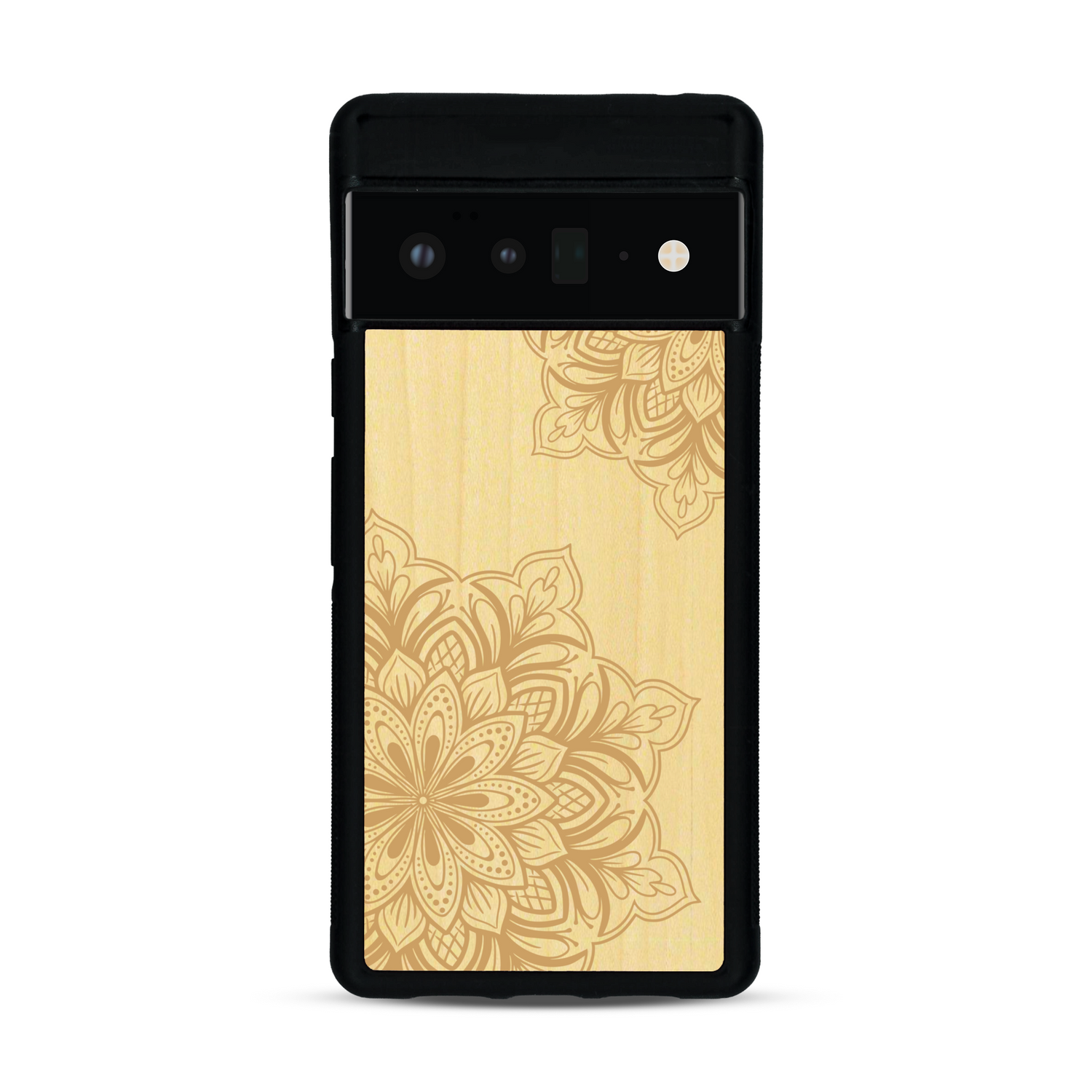 Coque de protection en bois véritable fabriquée en France pour  sur le thème de la bohème et du tatouage au henné avec une gravure représentant un mandala
