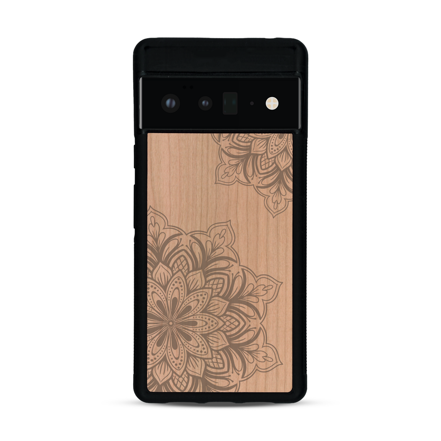 Coque de protection en bois véritable fabriquée en France pour  sur le thème de la bohème et du tatouage au henné avec une gravure représentant un mandala