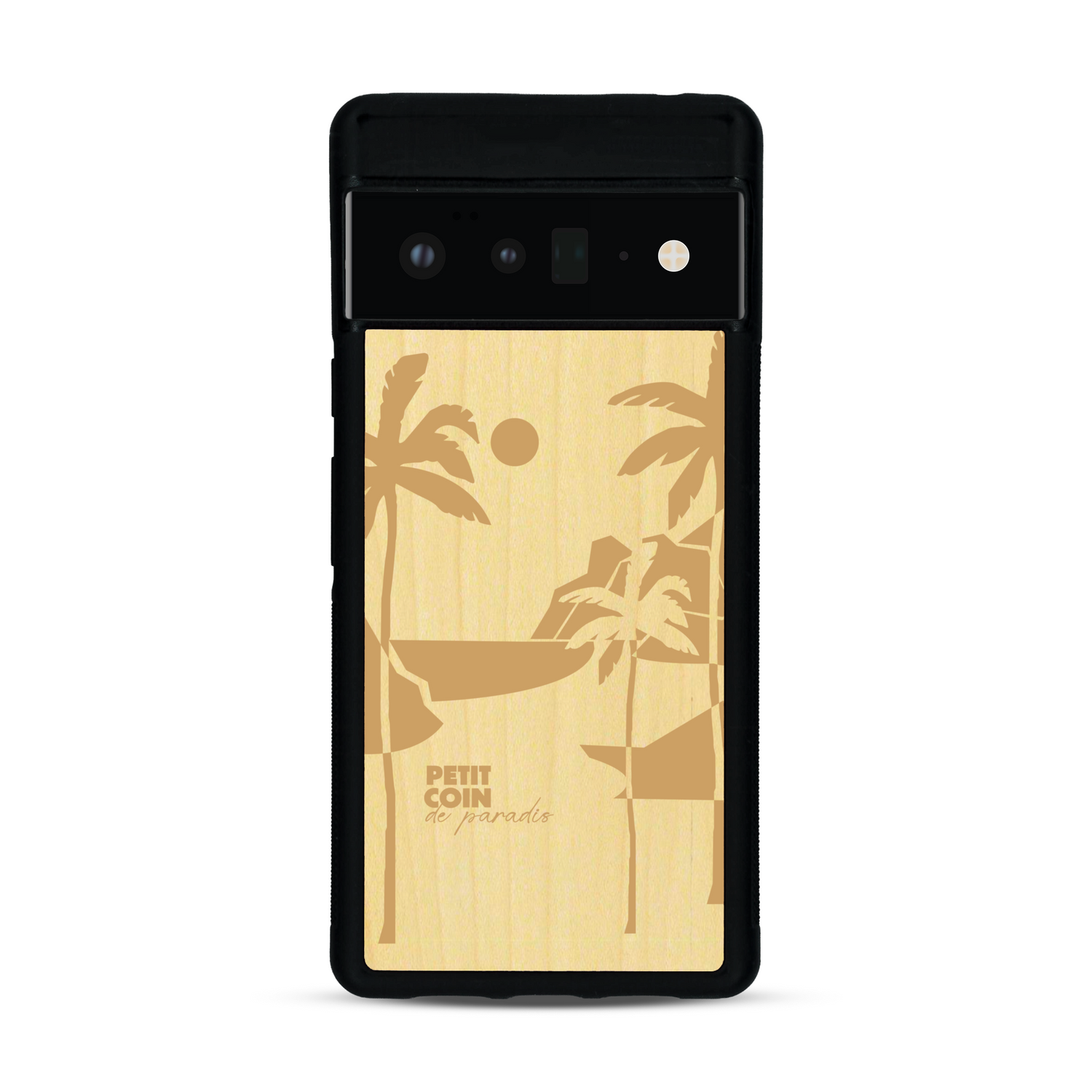 Coque de protection en bois véritable fabriquée en France pour  sur le thème des voyages en vans, vanlife et chill avec une gravure représentant un van vw combi devant le soleil couchant sur une plage avec des vagues