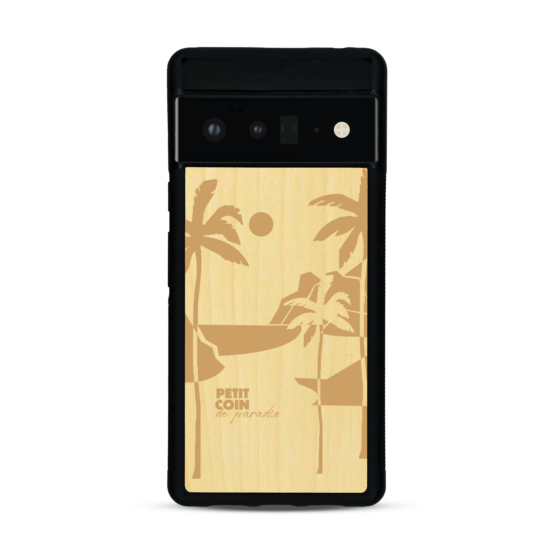 Coque de protection en bois véritable fabriquée en France pour  sur le thème des voyages en vans, vanlife et chill avec une gravure représentant un van vw combi devant le soleil couchant sur une plage avec des vagues