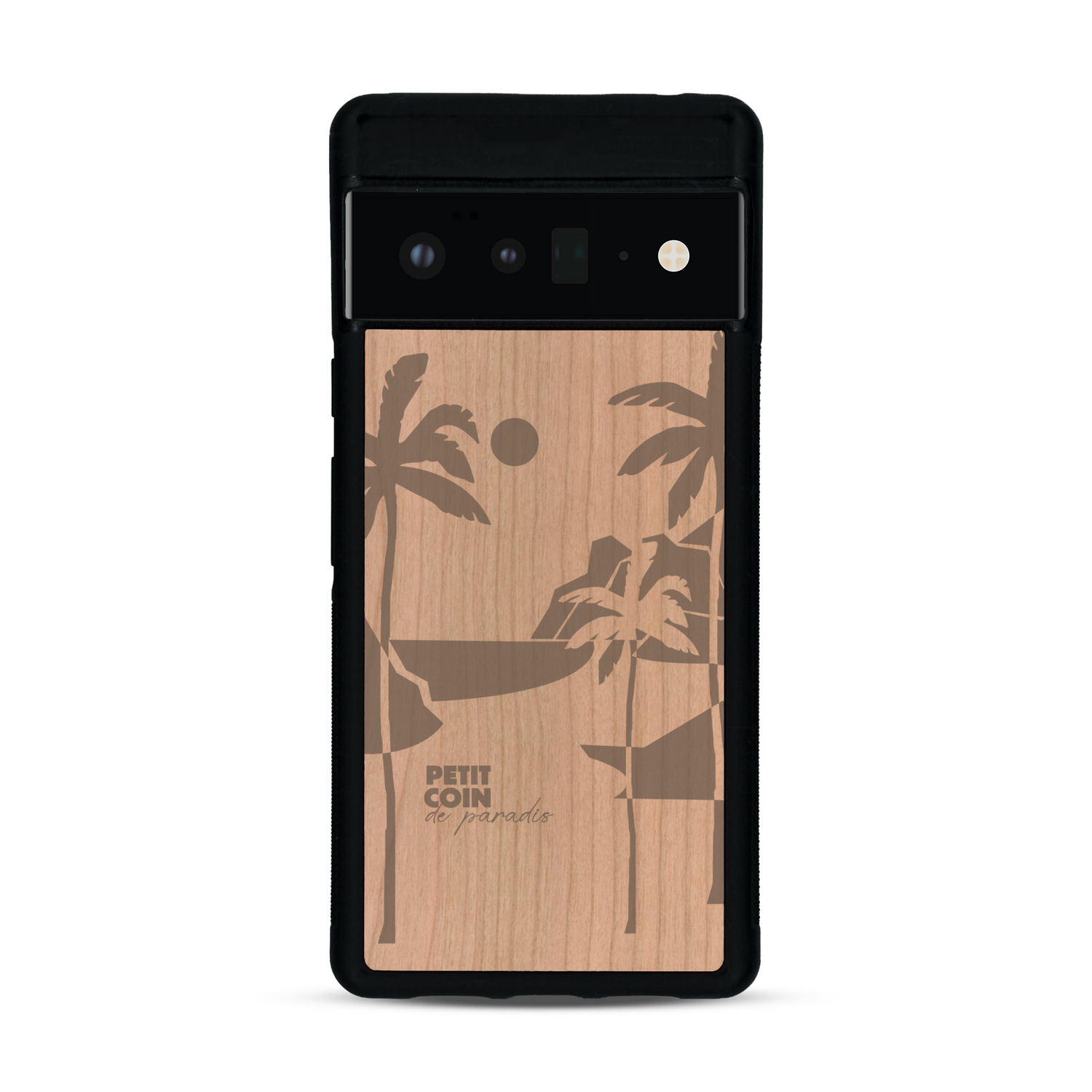 Coque de protection en bois véritable fabriquée en France pour  sur le thème des voyages en vans, vanlife et chill avec une gravure représentant un van vw combi devant le soleil couchant sur une plage avec des vagues