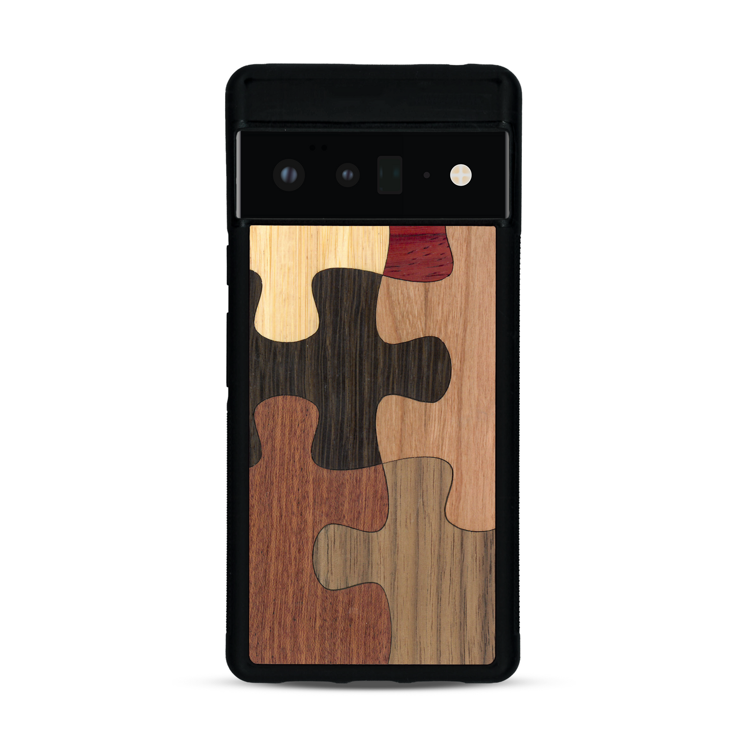 Coque de protection en bois véritable fabriquée en France pour  représentant un puzzle en six pièces qui allie du chêne fumé, du noyer, du bambou, du padouk, du merisier et de l'acajou