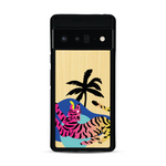 Coque de protection en bois véritable fabriquée en France pour Google Pixel 6pro représentant un tigre coloré avec un design moderne et minimaliste sur le thème de la jungle et de la nature