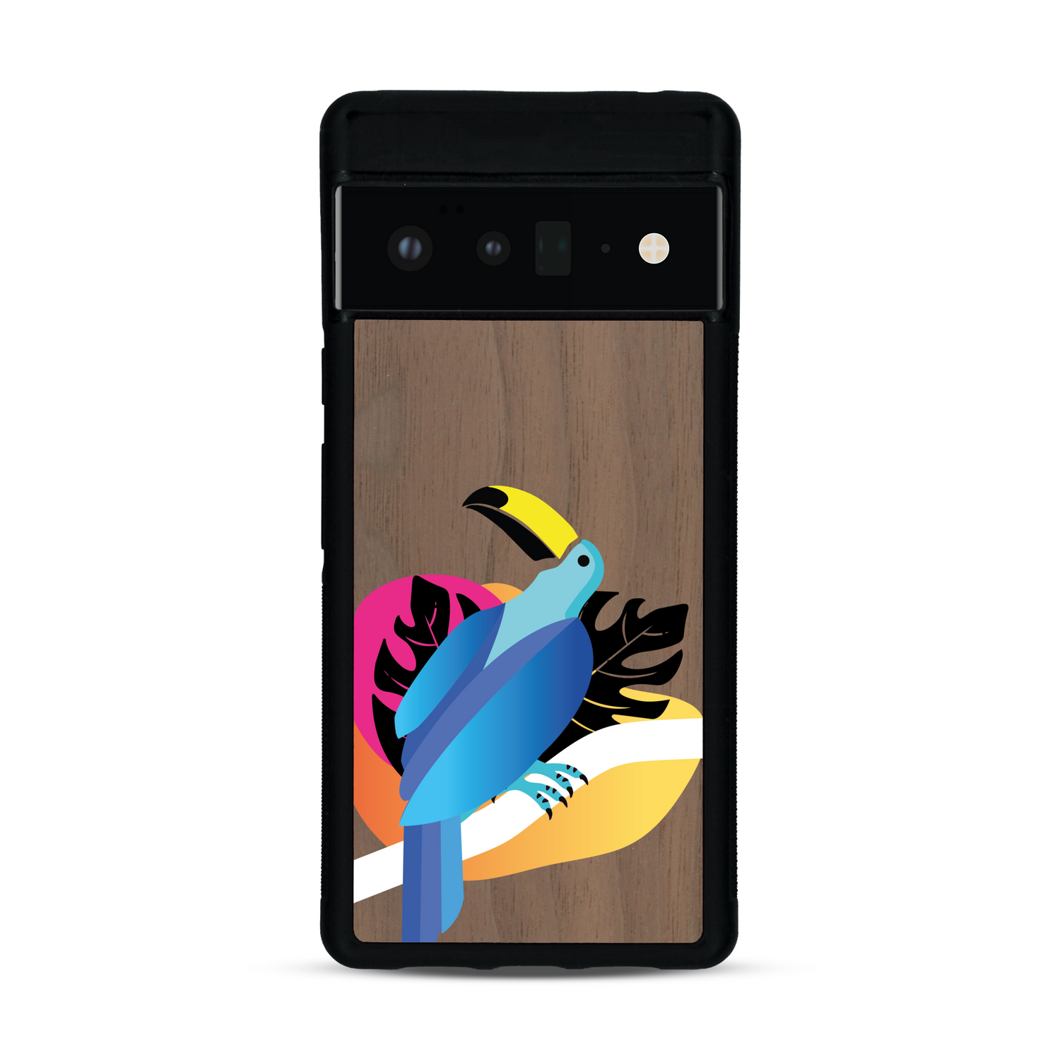 Coque de protection en bois véritable fabriquée en France pour Google Pixel 6pro représentant un toucan coloré avec un design moderne et minimaliste sur le thème de la jungle et de la nature