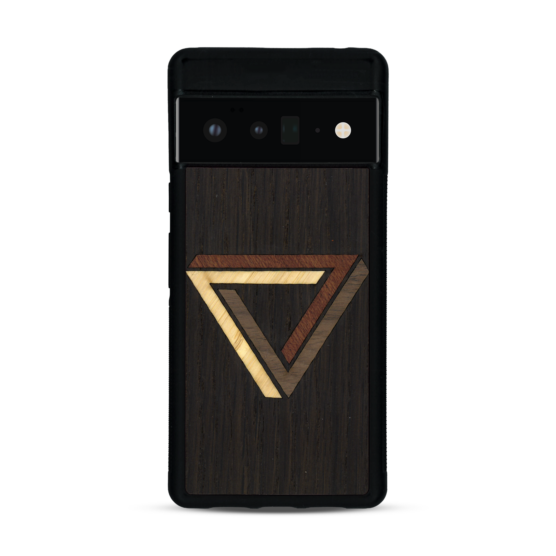 Coque de protection en bois véritable fabriquée en France pour  sur le thème de l'art géométrique qui allie du chêne fumé, du noyer, du bambou et du padouk représentant le triangle de penrose