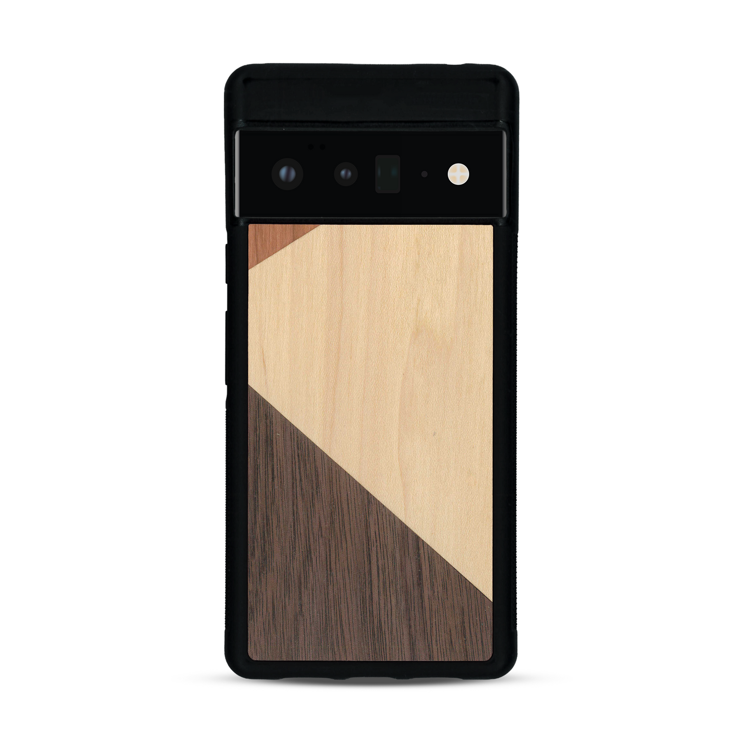 Coque de protection en bois véritable fabriquée en France pour  alliant du merisier, du noyer et du bambou formant chacun deux triangles et un trapèze avec deux jointures en diagonale sur le thème de l'art abstrait
