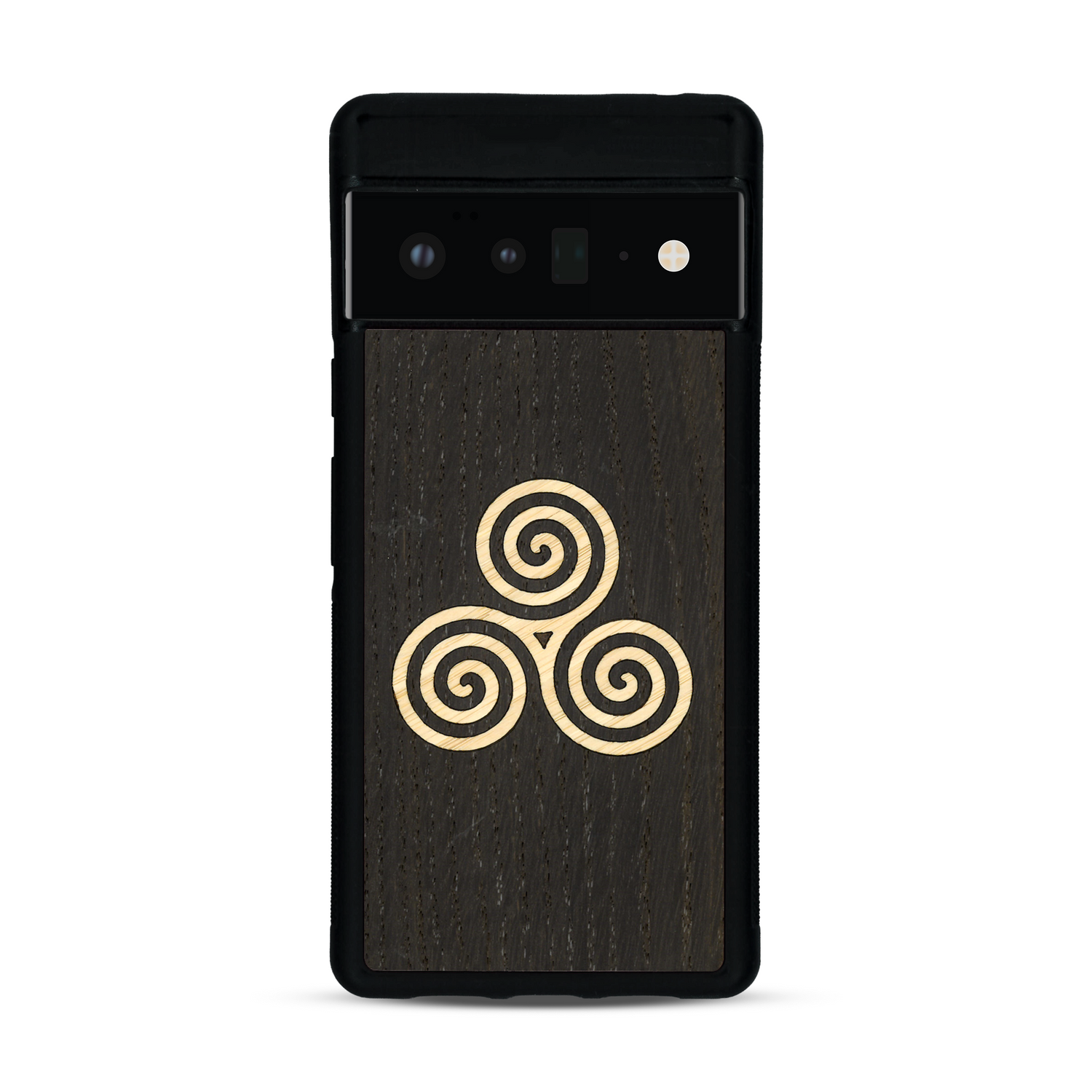 Coque de protection en bois véritable fabriquée en France pour  alliant du chêne fumé et du bambou et doré représentant un triskell