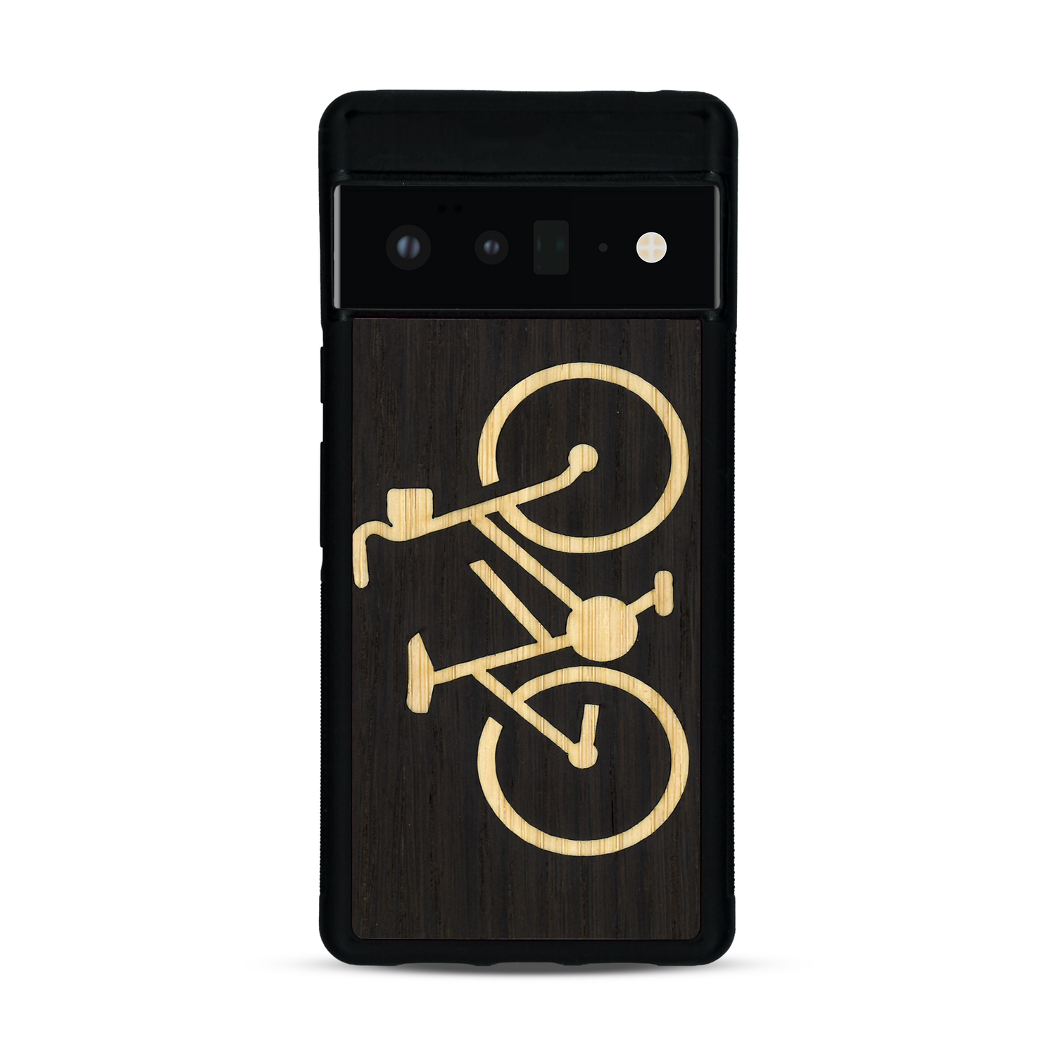 Coque de protection en bois véritable fabriquée en France pour  sur le theme du vélo et de l'outdoor qui allie du bambou et du chêne fumé représentant un vélo