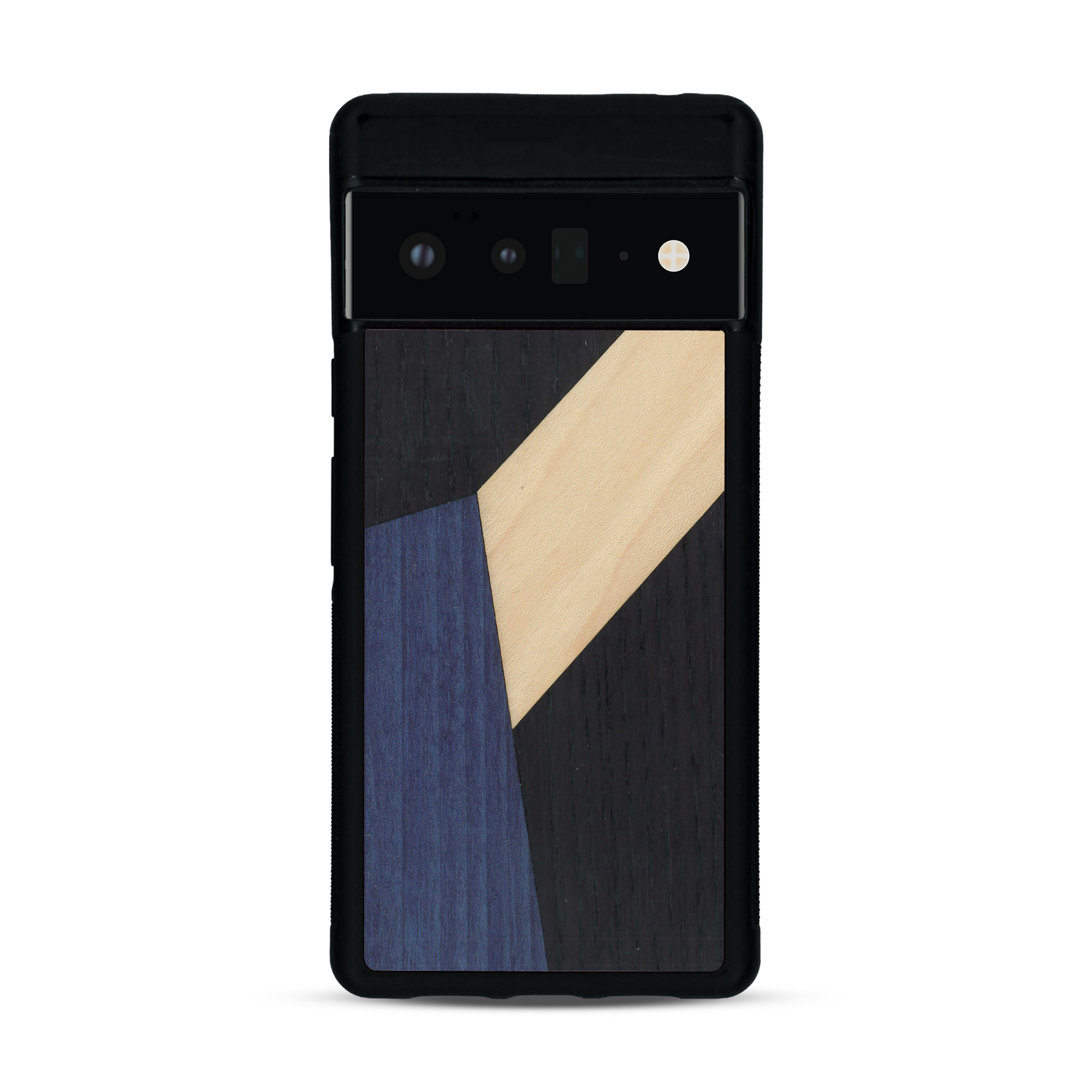 Coque de protection en bois véritable fabriquée en France pour  alliant du bambou, du tulipier bleu et noir en forme de mosaïque minimaliste sur le thème de l'art abstrait