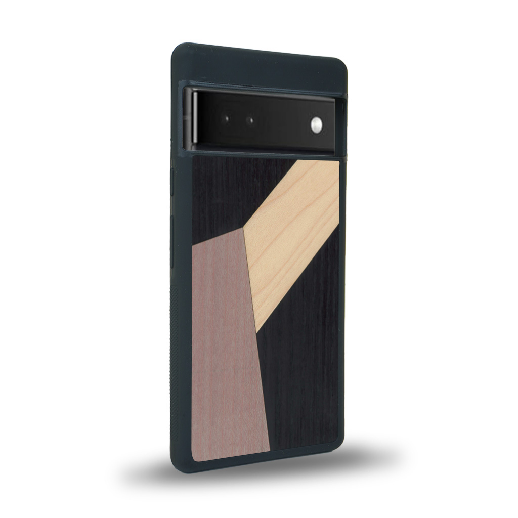 Coque de protection en bois véritable fabriquée en France pour Google Pixel 6pro alliant du bambou, du tulipier mauve et noir en forme de mosaïque minimaliste sur le thème de l'art abstrait