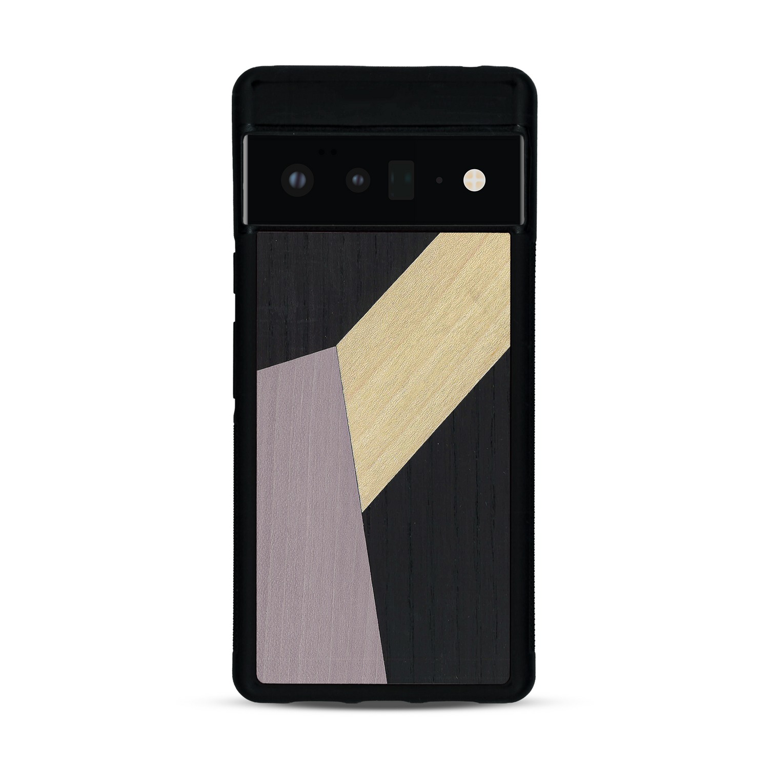 Coque de protection en bois véritable fabriquée en France pour  alliant du bambou, du tulipier mauve et noir en forme de mosaïque minimaliste sur le thème de l'art abstrait