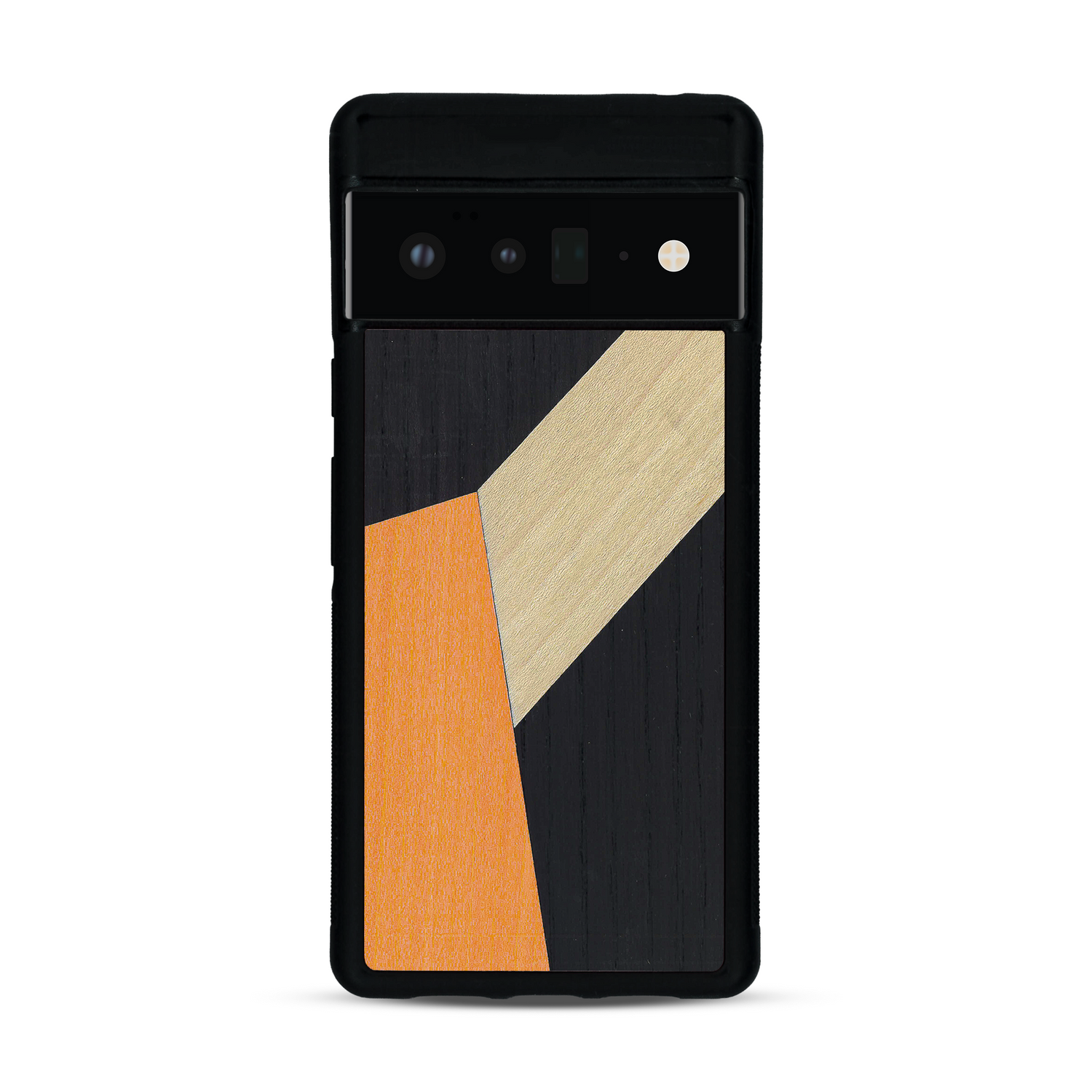 Coque de protection en bois véritable fabriquée en France pour  alliant du bambou, du tulipier orange et noir en forme de mosaïque minimaliste sur le thème de l'art abstrait