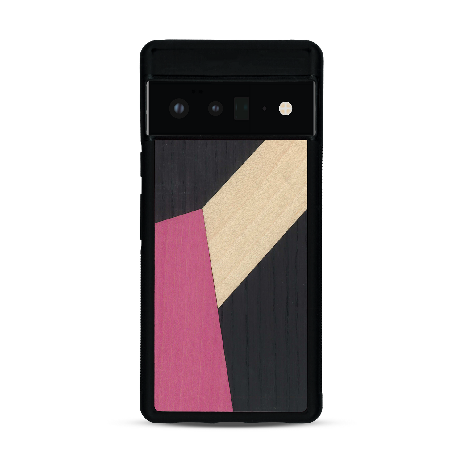 Coque de protection en bois véritable fabriquée en France pour  alliant du bambou, du tulipier rose et noir en forme de mosaïque minimaliste sur le thème de l'art abstrait