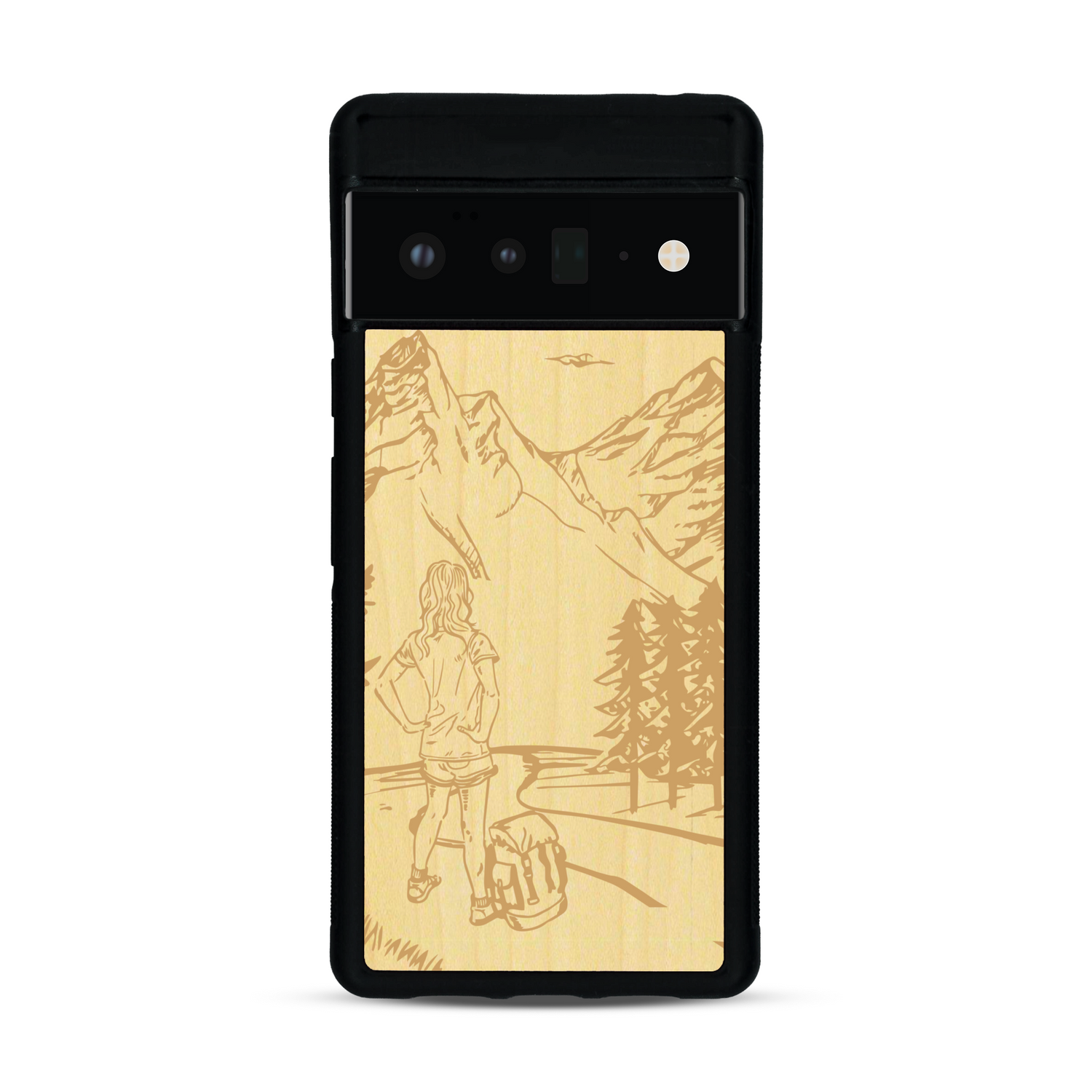 Coque de protection en bois véritable fabriquée en France pour  sur le thème de la randonnée en montagne et de l'aventure avec une gravure représentant une femme de dos face à un paysage de nature