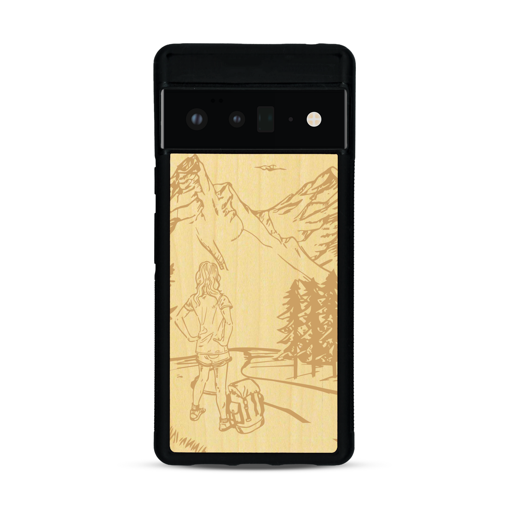 Coque de protection en bois véritable fabriquée en France pour  sur le thème de la randonnée en montagne et de l'aventure avec une gravure représentant une femme de dos face à un paysage de nature