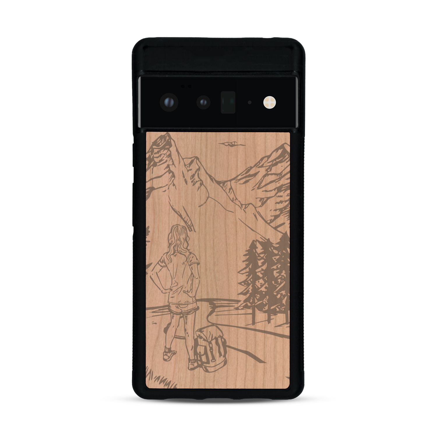 Coque de protection en bois véritable fabriquée en France pour  sur le thème de la randonnée en montagne et de l'aventure avec une gravure représentant une femme de dos face à un paysage de nature