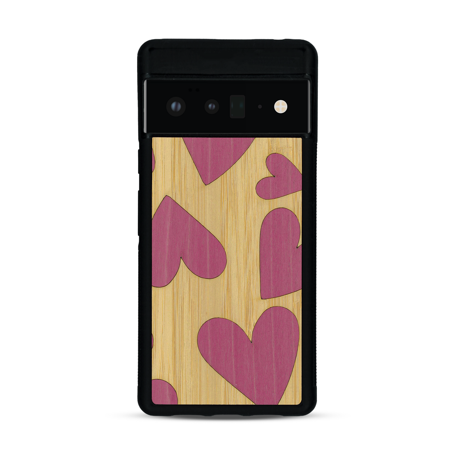 Coque de protection en bois véritable fabriquée en France pour  alliant plusieurs essences de bois pour représenter des coeurs pour les amoureux