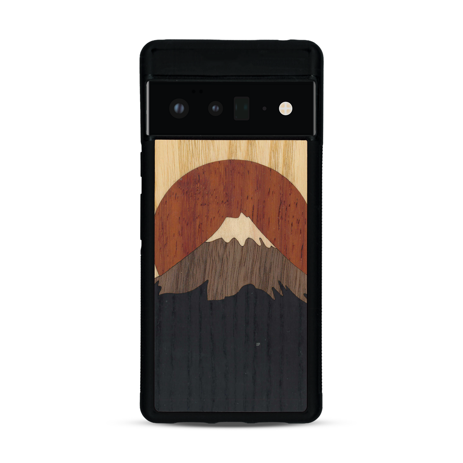 Coque de protection en bois véritable fabriquée en France pour  alliant plusieurs essences de bois pour représenter le mont Fuji