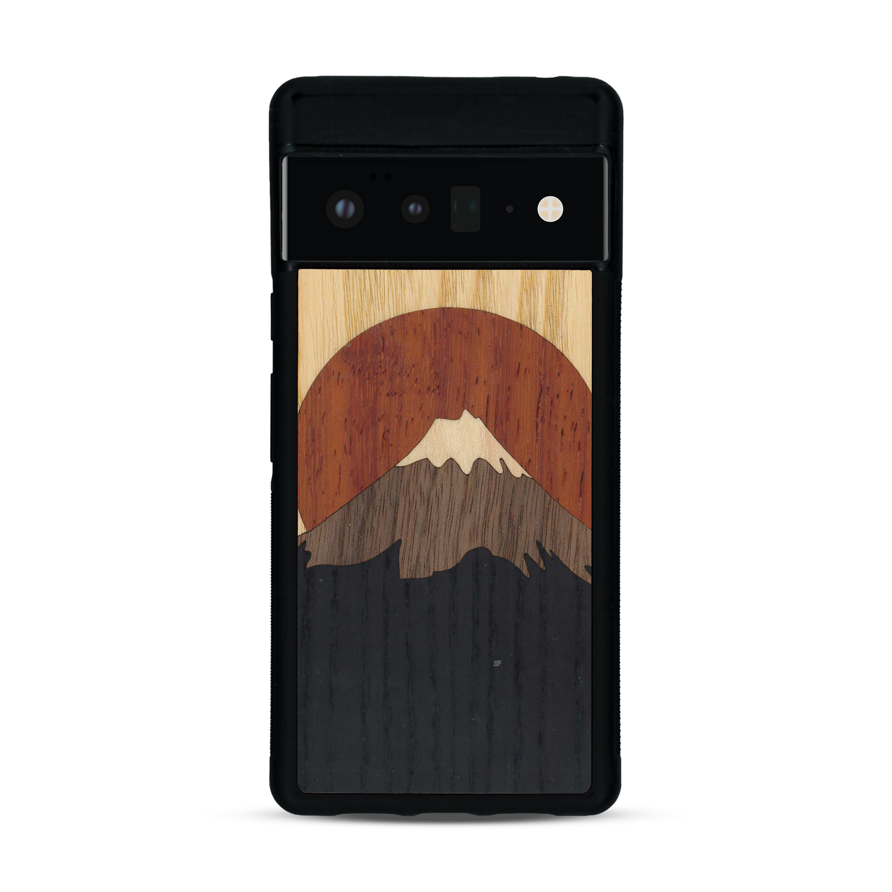 Coque de protection en bois véritable fabriquée en France pour  alliant plusieurs essences de bois pour représenter le mont Fuji