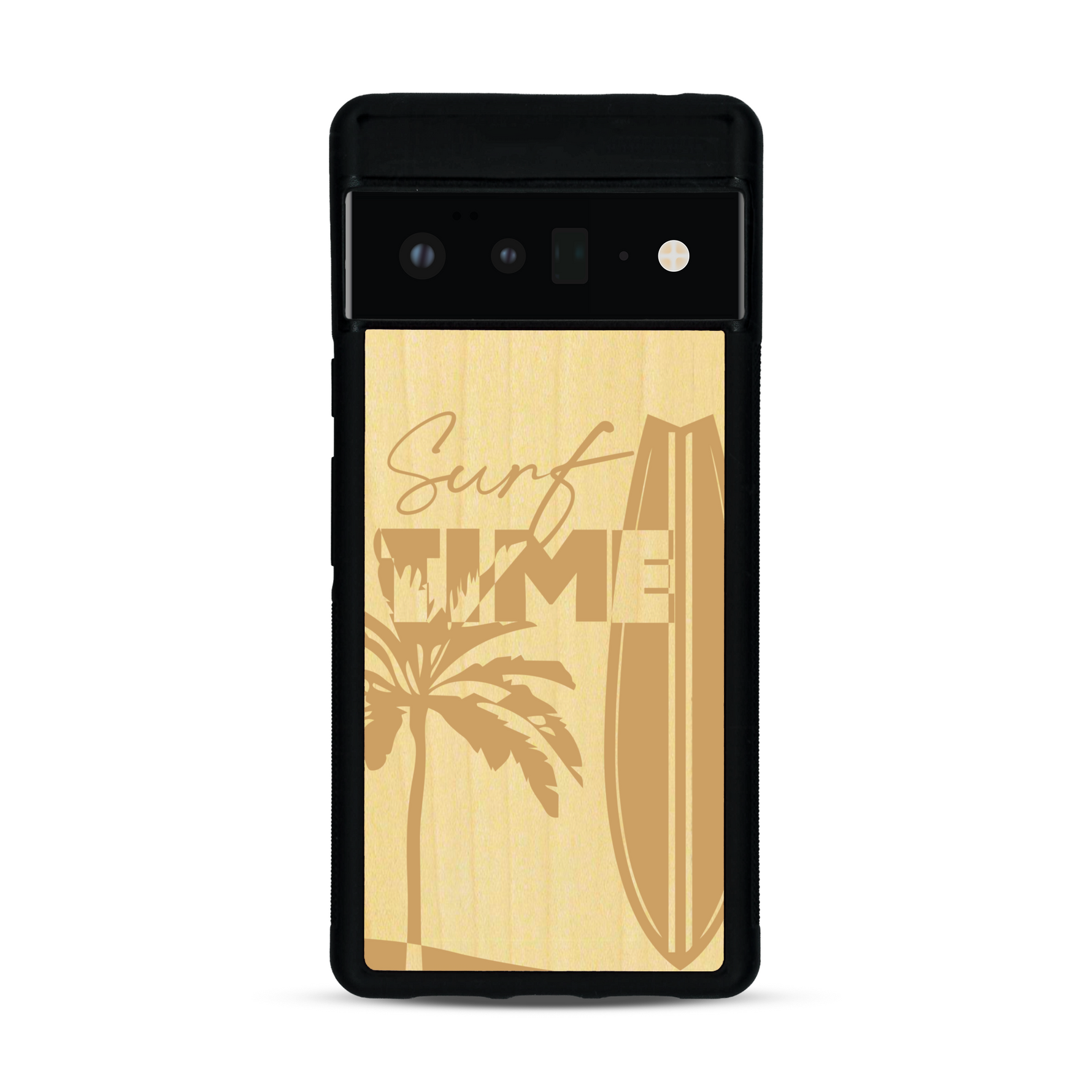 Coque de protection en bois véritable fabriquée en France pour  sur le thème chill avec un motif représentant une silouhette tenant une planche de surf sur une plage entouré de palmiers et les mots "Surf Time Long Beach Miami"