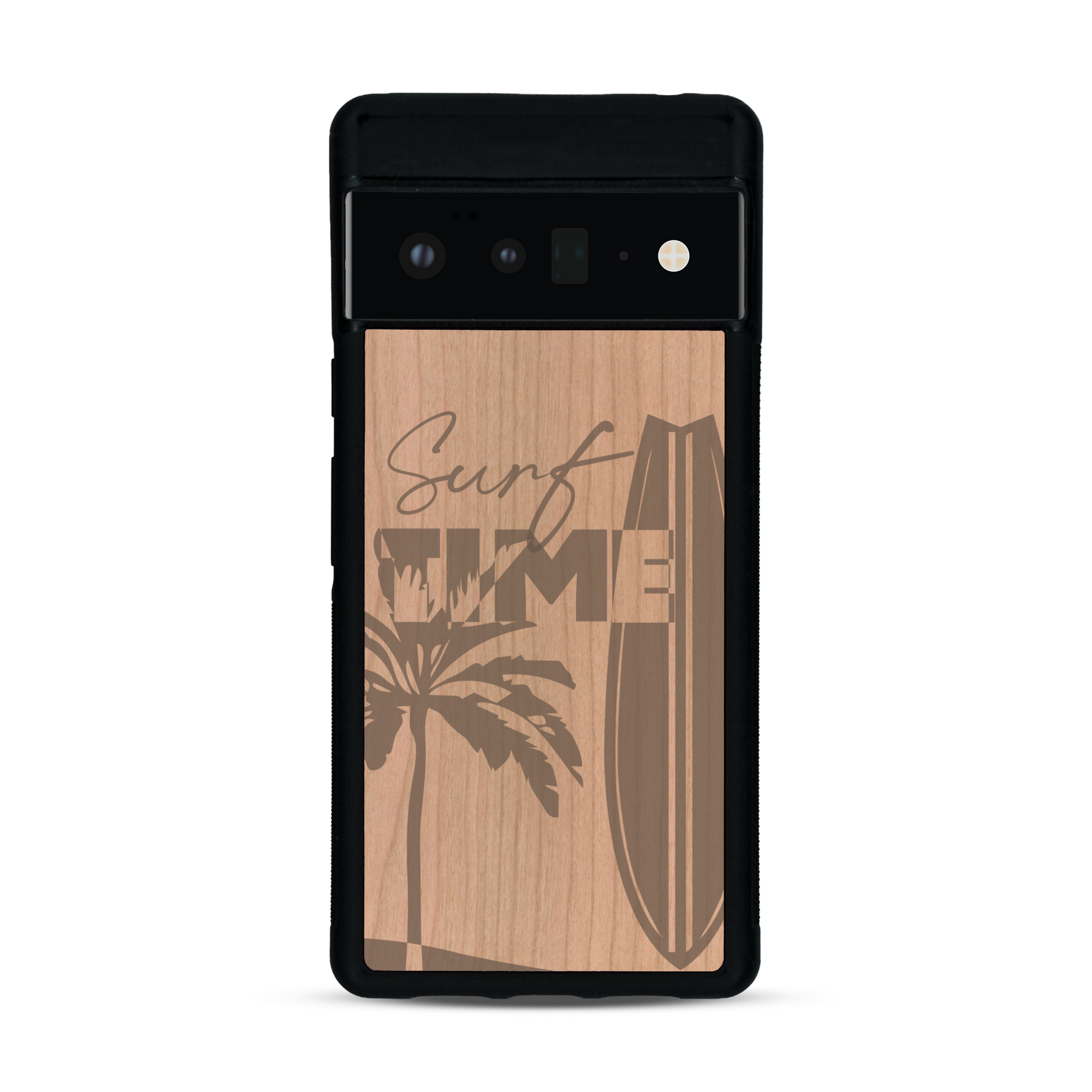 Coque de protection en bois véritable fabriquée en France pour  sur le thème chill avec un motif représentant une silouhette tenant une planche de surf sur une plage entouré de palmiers et les mots "Surf Time Long Beach Miami"