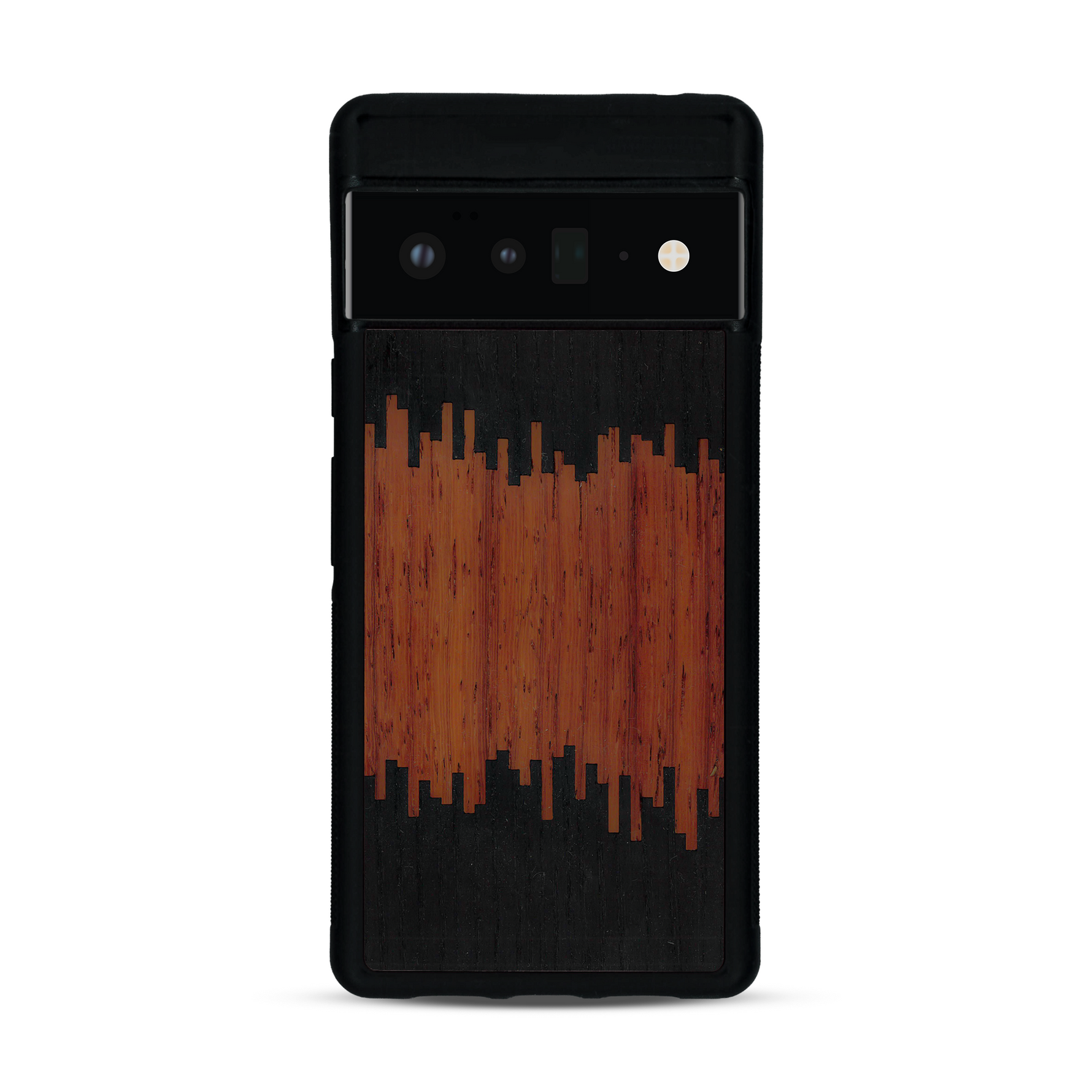 Coque de protection en bois véritable fabriquée en France pour  alliant plusieurs essences de bois pour représenter du magma en fusion