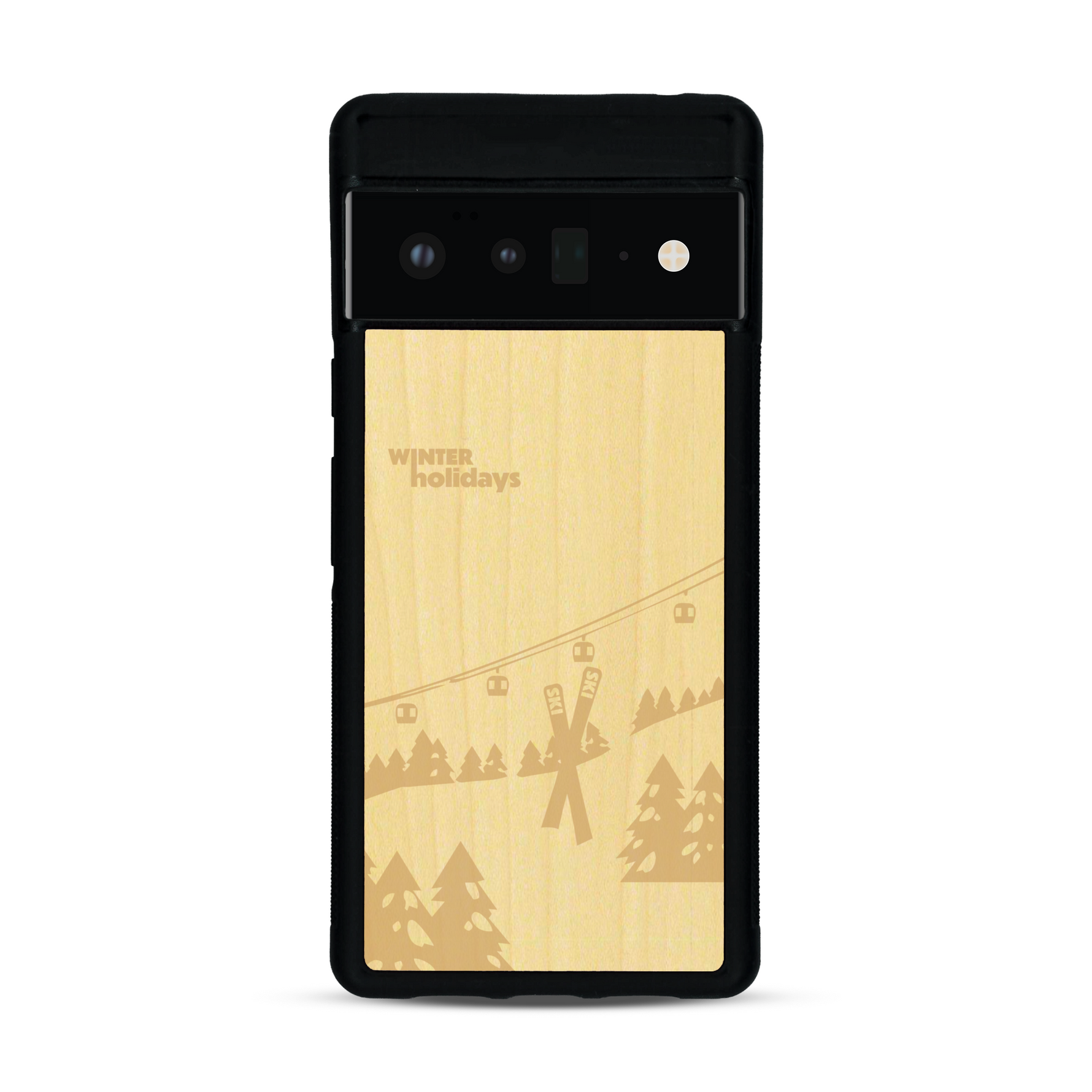 Coque de protection en bois véritable fabriquée en France pour  sur le thème de la montagne, du ski et de la neige avec un motif représentant une paire de ski plantée dans la neige avec en fond des montagnes enneigées
