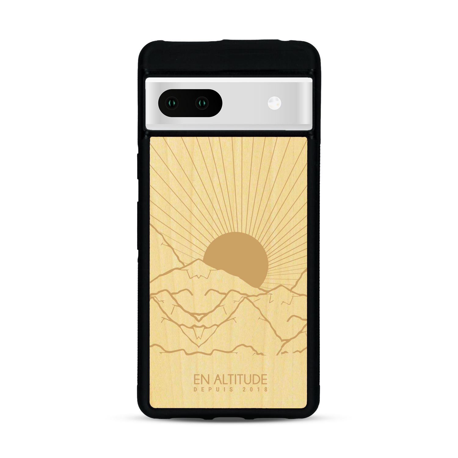 Coque de protection en bois véritable fabriquée en France pour  représentant des montagnes, sur le thème de la randonnée en pleine nature et du trail