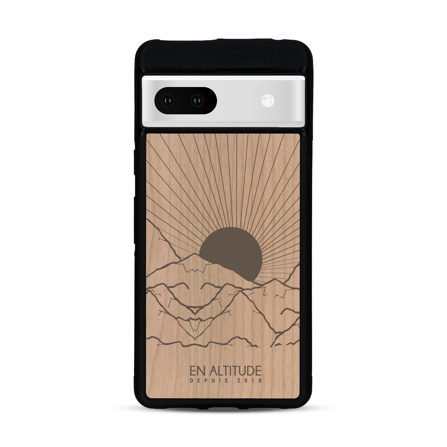 Coque de protection en bois véritable fabriquée en France pour  représentant des montagnes, sur le thème de la randonnée en pleine nature et du trail