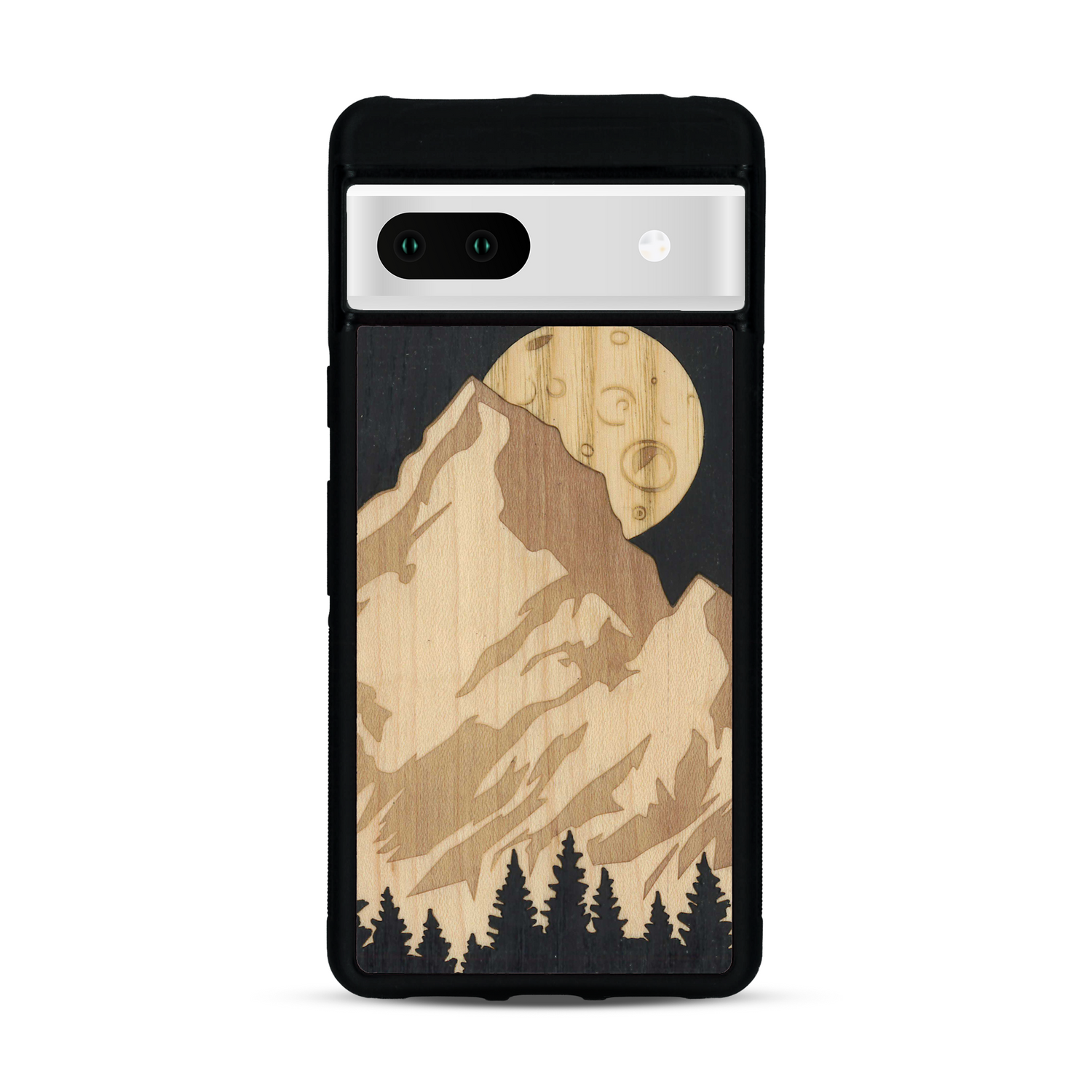 Coque de protection en bois véritable fabriquée en France pour Google Pixel 7 alliant plusieurs essences de bois pour représenter le mont Everest