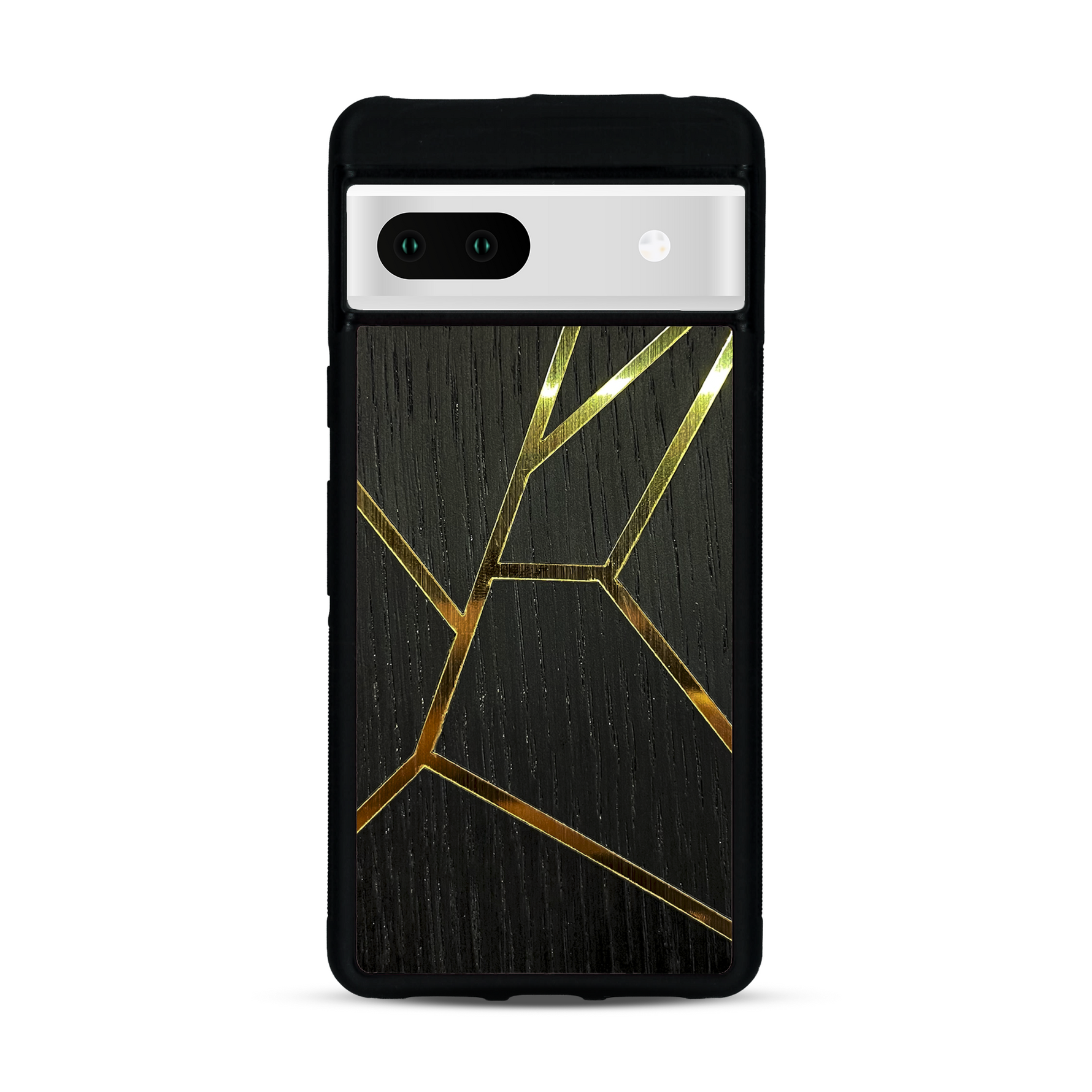 Coque de protection en bois véritable fabriquée en France pour Google Pixel 7 alliant plusieurs essences de bois pour représenter des fragments design