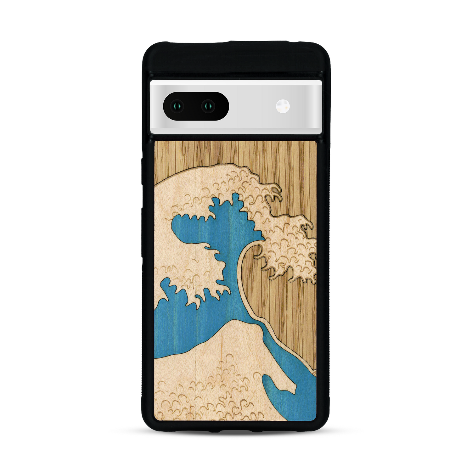 Coque de protection en bois véritable fabriquée en France pour Google Pixel 7 alliant plusieurs essences de bois pour représenter la célèbre grande vague de Kanagawa