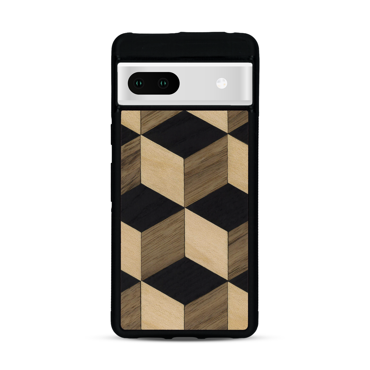 Coque de protection en bois véritable fabriquée en France pour Google Pixel 7 alliant plusieurs essences de bois pour représenter un classique intemporel de la marqueterie