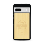 Coque de protection en bois véritable fabriquée en France pour  sur le thème chill avec un motif représentant un couché de soleil sur l'océan et la phrase "Chill out"