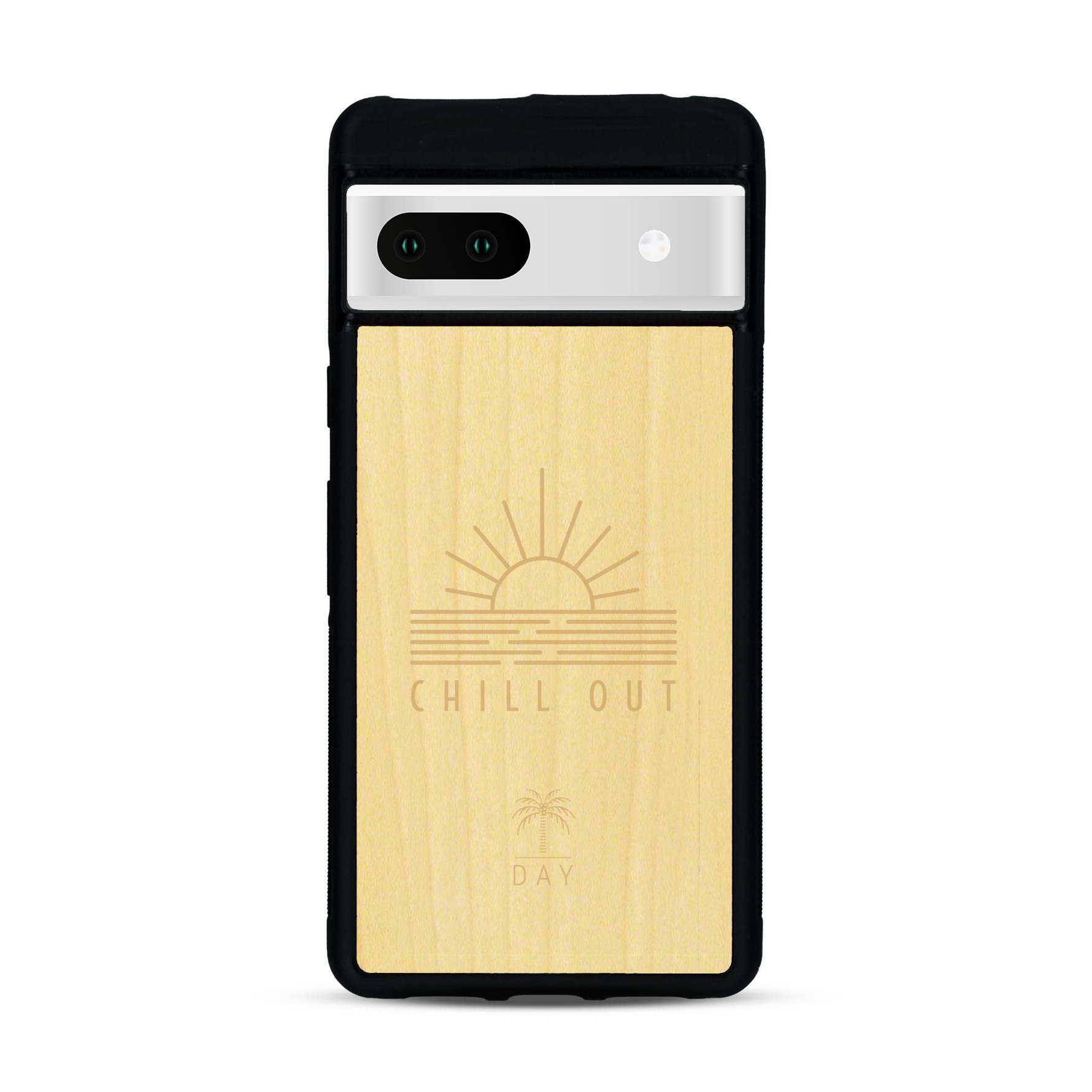 Coque de protection en bois véritable fabriquée en France pour  sur le thème chill avec un motif représentant un couché de soleil sur l'océan et la phrase "Chill out"