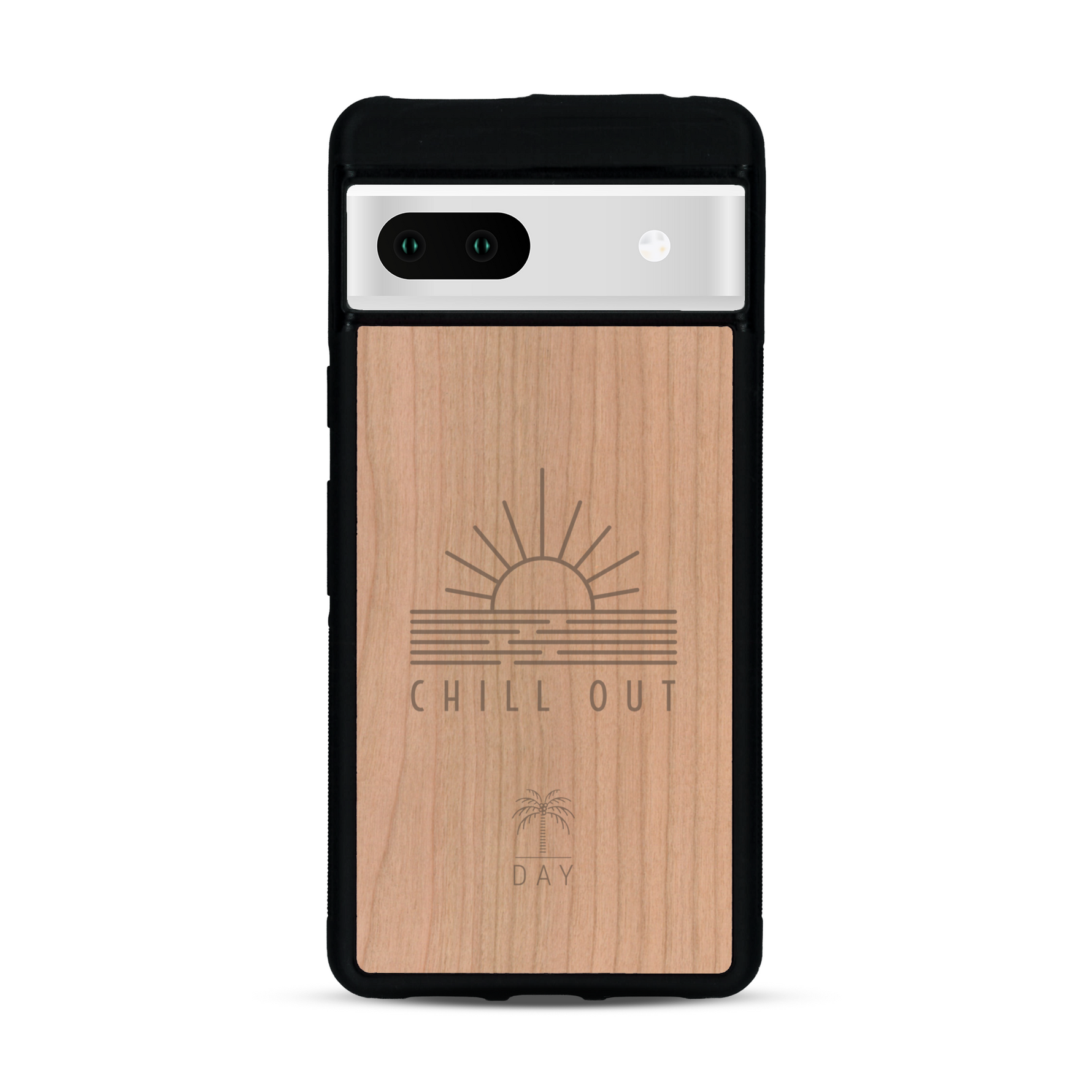 Coque de protection en bois véritable fabriquée en France pour  sur le thème chill avec un motif représentant un couché de soleil sur l'océan et la phrase "Chill out"