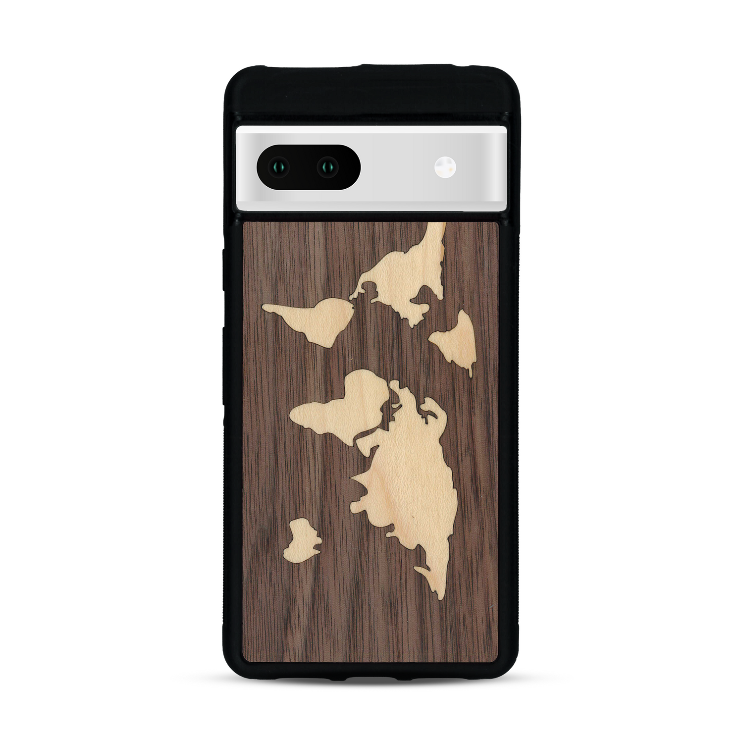 Coque de protection en bois véritable fabriquée en France pour  alliant du bambou et du noyer sur le thème du voyage et de l'aventure représentant une mappemonde