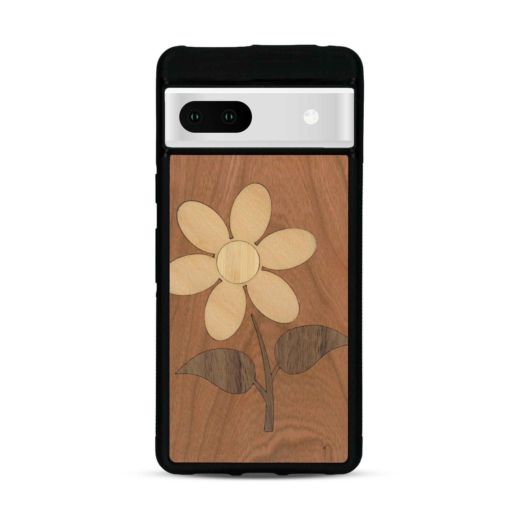 Coque de protection en bois véritable fabriquée en France pour  alliant plusieurs essences de bois pour représenter une marguerite