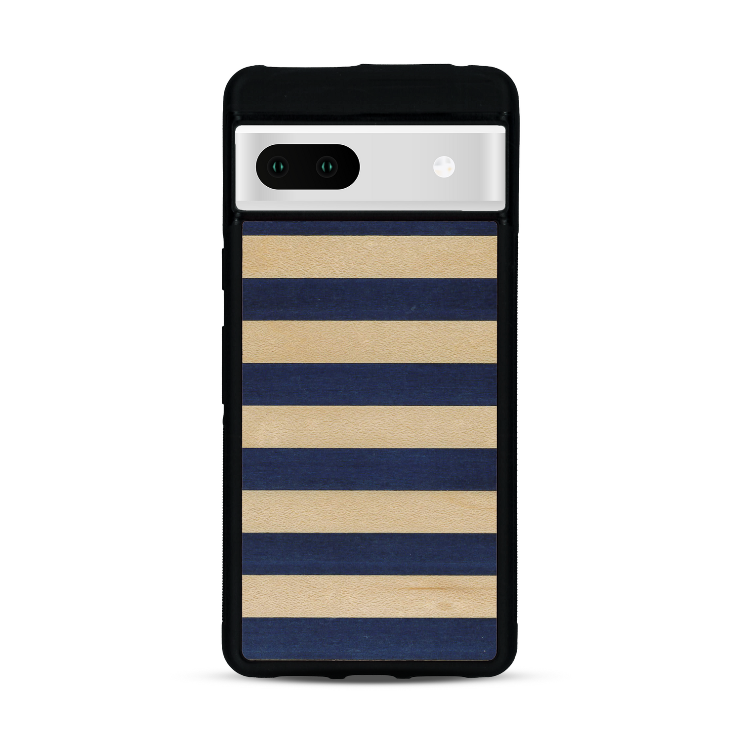 Coque de protection en bois véritable fabriquée en France pour Google Pixel 7 alliant plusieurs essences de bois pour représenter une marinière