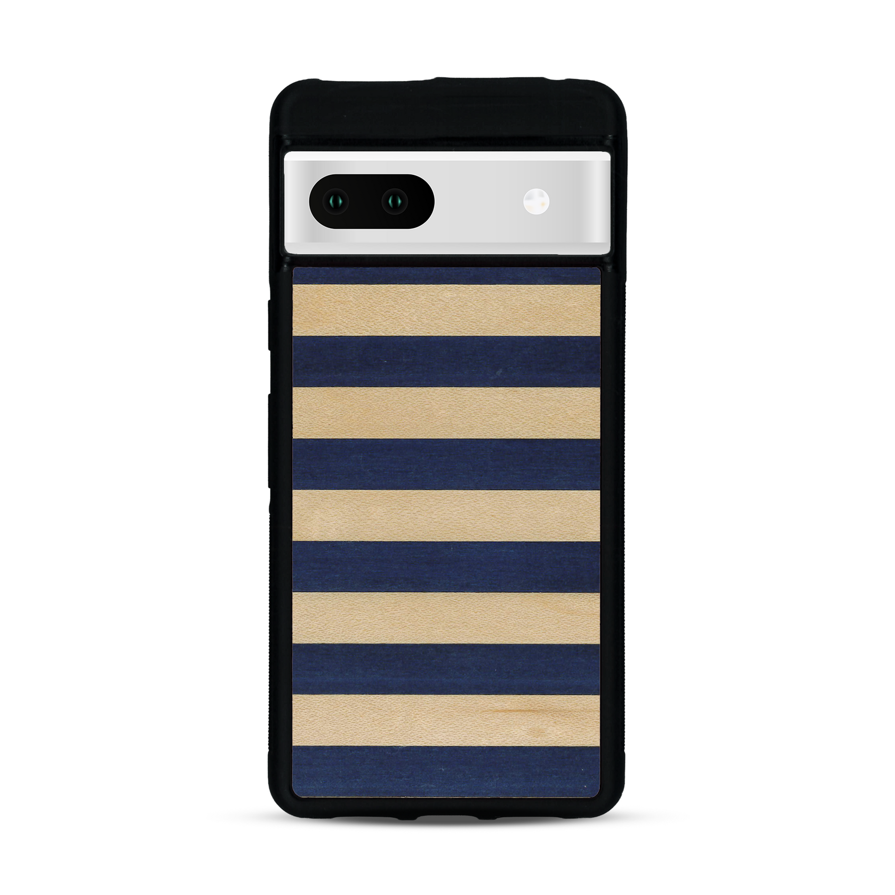 Coque de protection en bois véritable fabriquée en France pour Google Pixel 7 alliant plusieurs essences de bois pour représenter une marinière