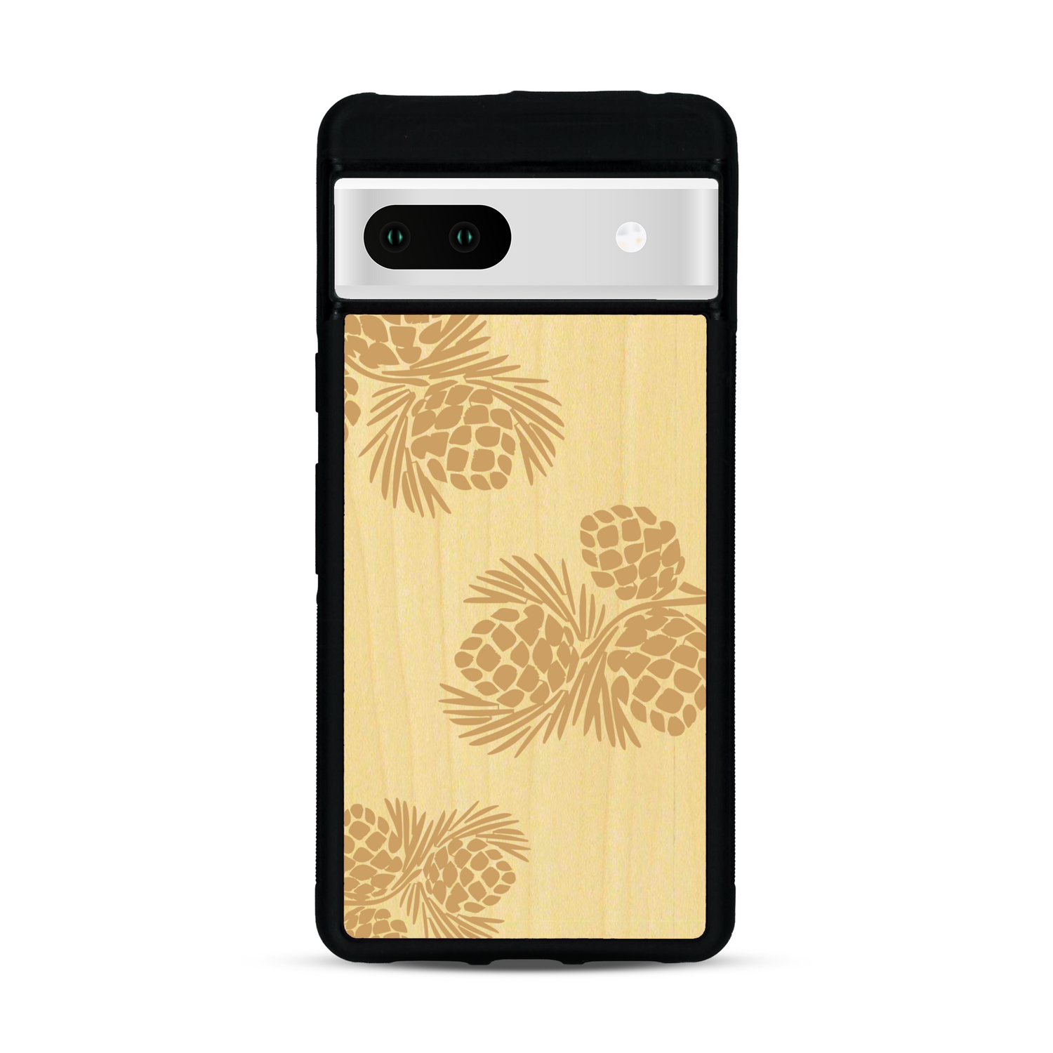 Coque de protection en bois véritable fabriquée en France pour  sur le thème de la nature des arbres avec un motif de gravure représentant des épines de sapin et des pommes de pin