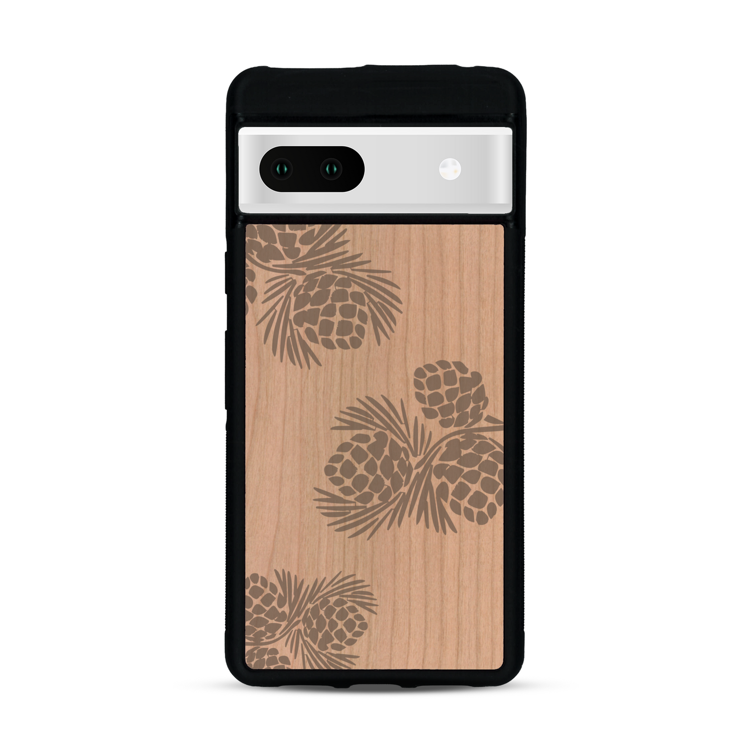 Coque de protection en bois véritable fabriquée en France pour  sur le thème de la nature des arbres avec un motif de gravure représentant des épines de sapin et des pommes de pin