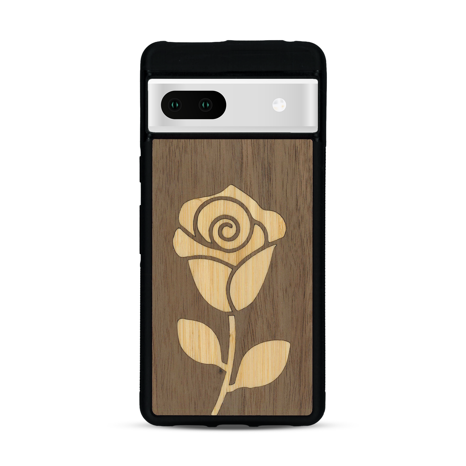 Coque de protection en bois véritable fabriquée en France pour  alliant plusieurs essences de bois pour représenter une rose