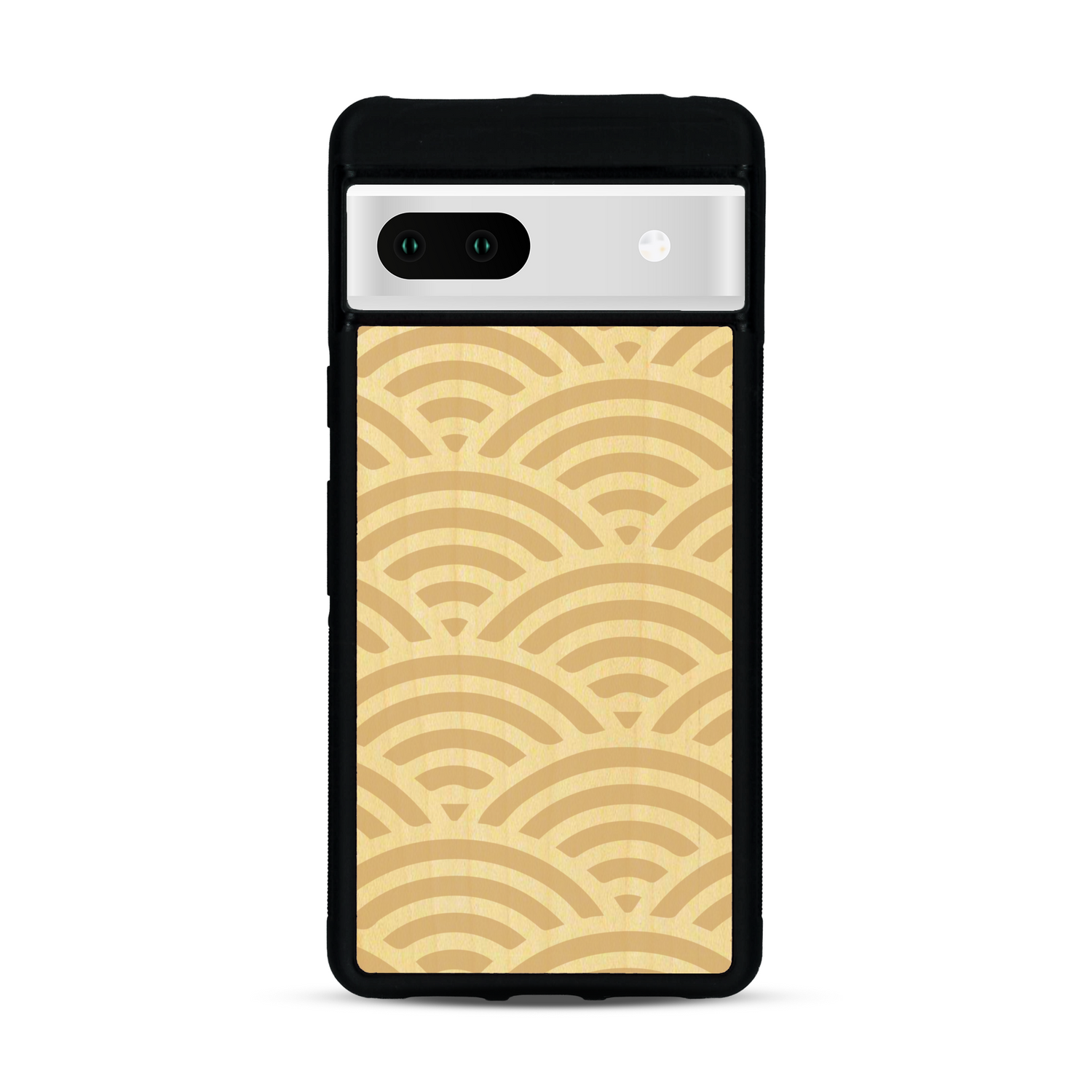 Coque de protection en bois véritable fabriquée en France pour  baptisée "La Sinjak" avec un motif de gravure abstrait représentant la répétition d'un symbole wifi